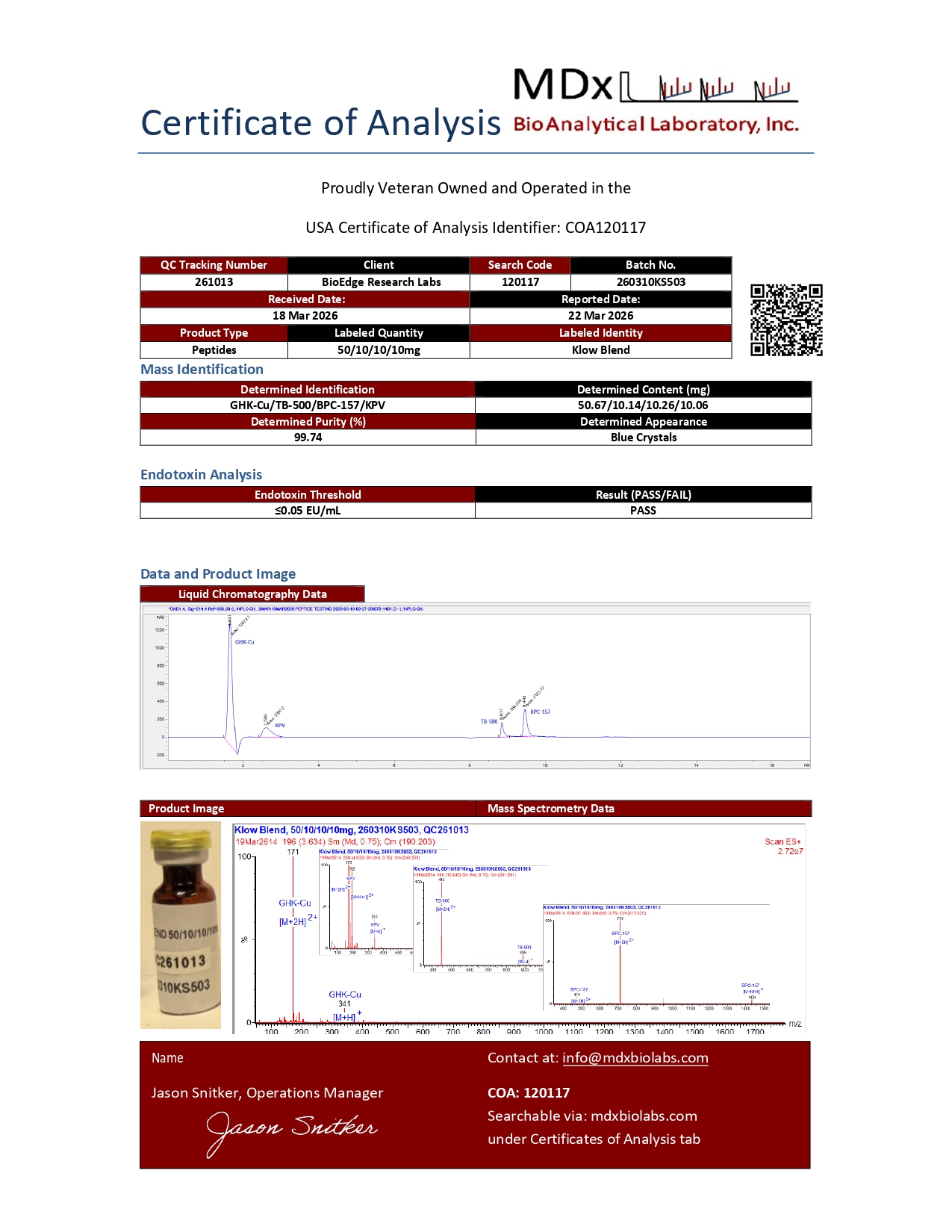 Certificate of Analysis for KLOW: GHK-Cu, KPV, BPC-157 and TB-500 from BioEdge Research Labs