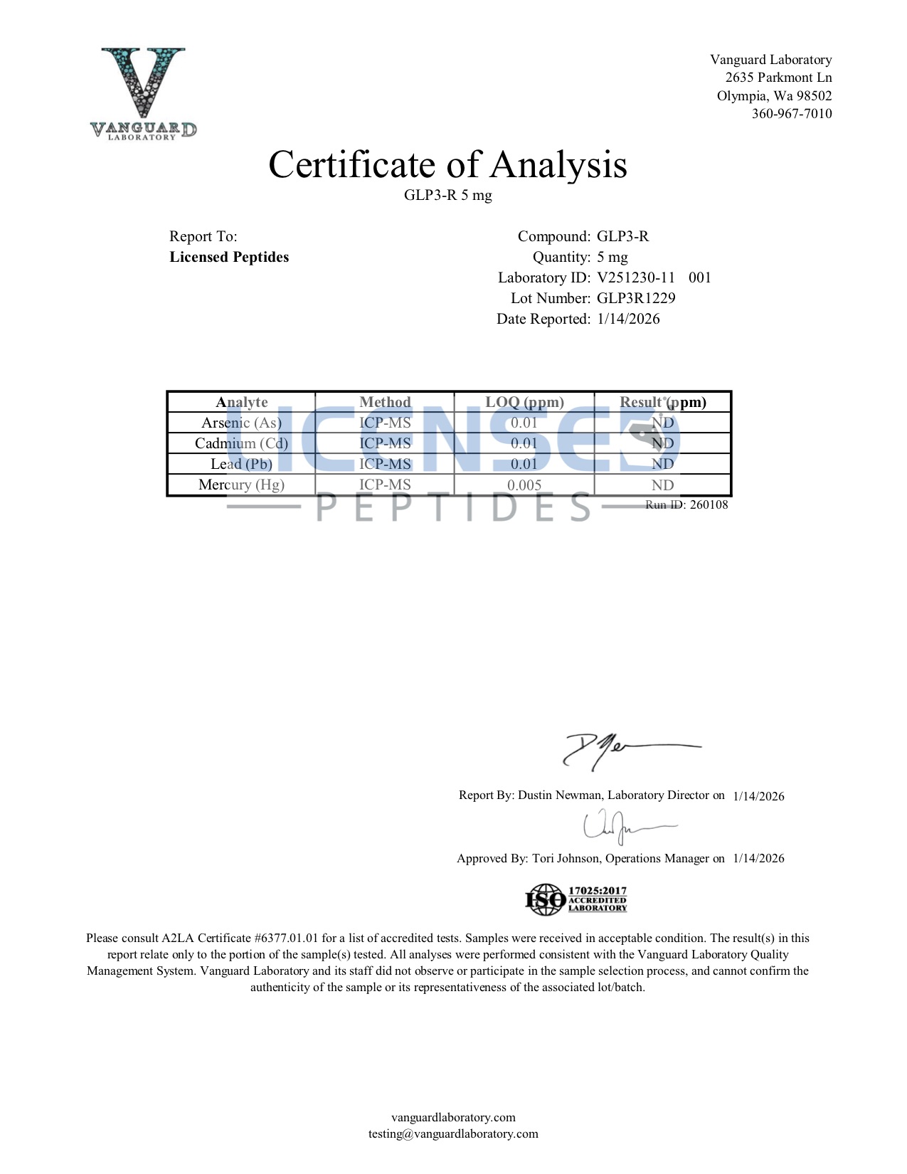 Certificate of Analysis for Retatrutide from Licensed Peptides