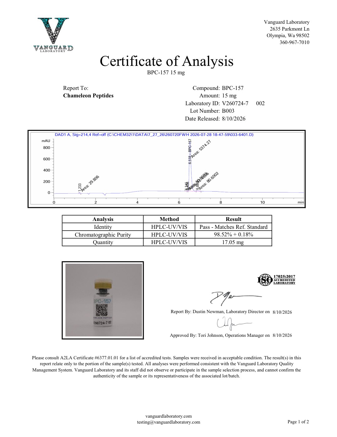 Certificate of Analysis for BPC-157 from Chameleon Peptides