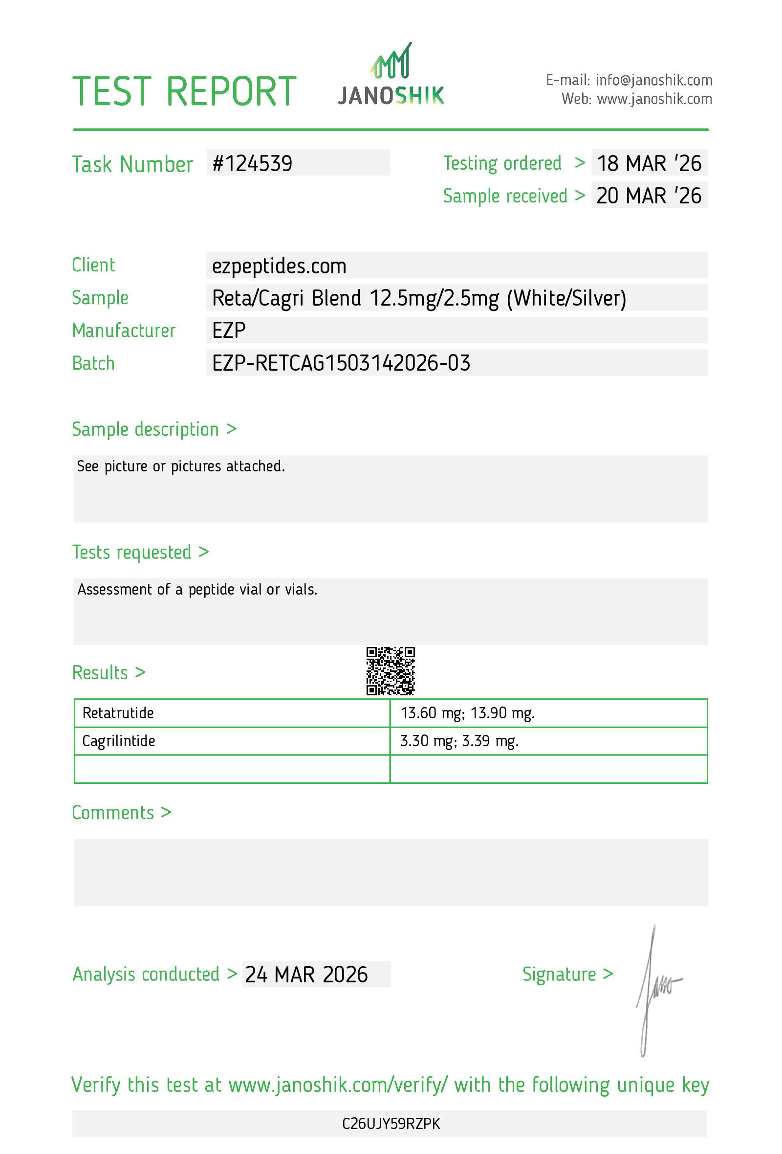 Certificate of Analysis for Reta/Cagri Blend – 12.5mg/2.5mg from EZ Peptides