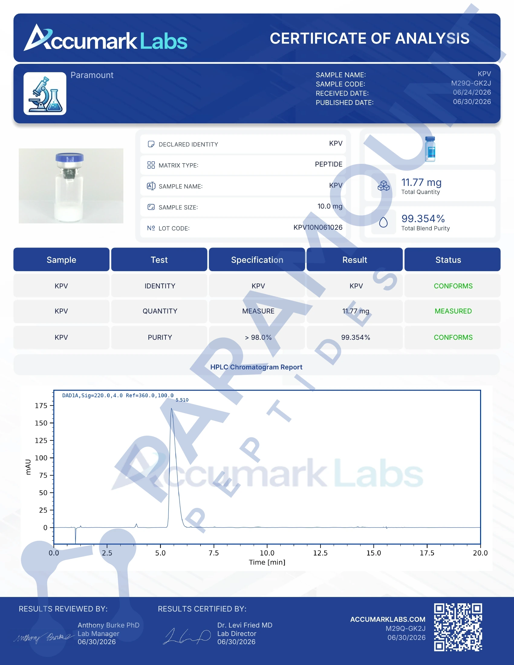 Certificate of Analysis for KPV (10mg) from Paramount Peptides