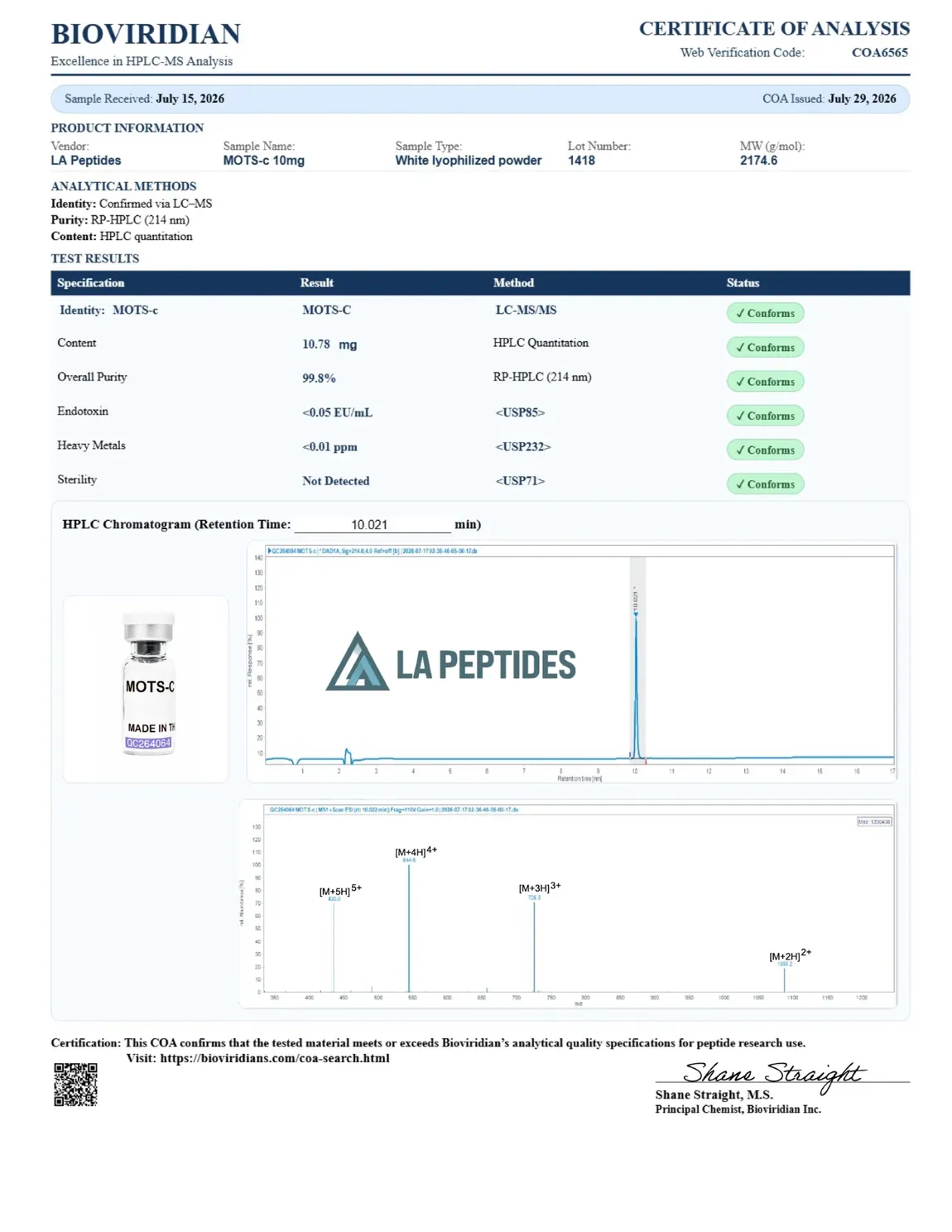 Certificate of Analysis for MOTS-C 10mg from LA Peptides