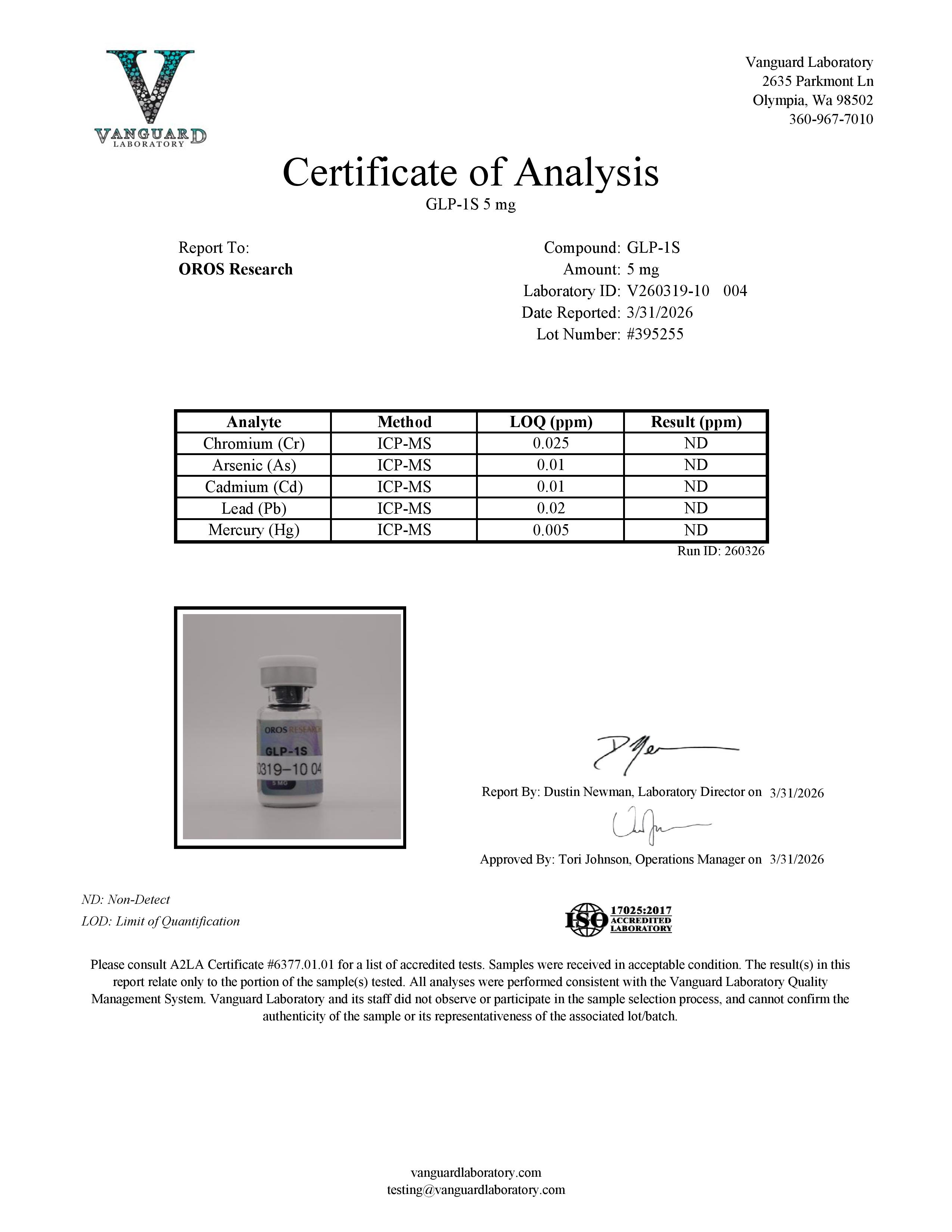 Certificate of Analysis for OR-1S 5mg from Oros Research