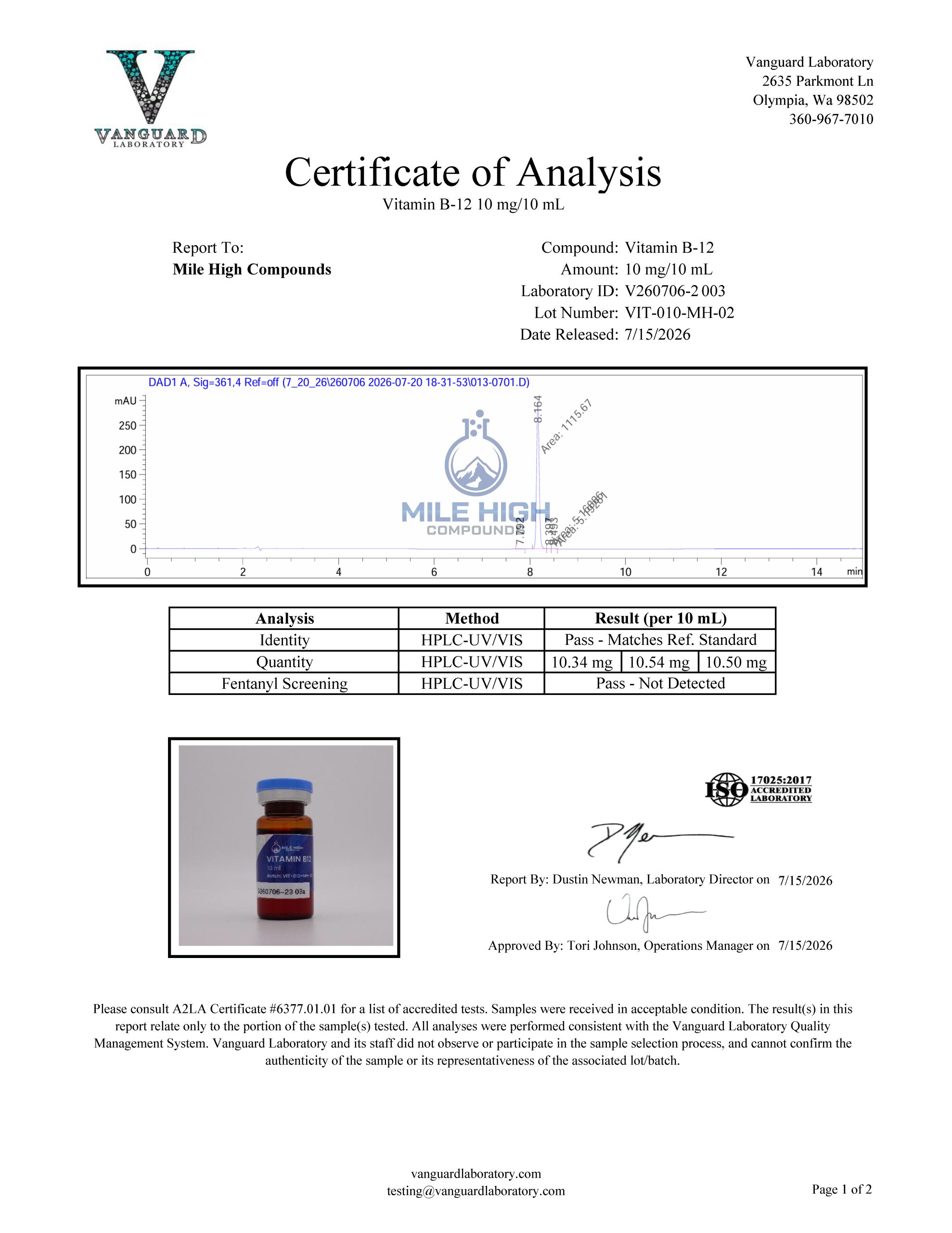 Certificate of Analysis for Vitamin B12 from Mile High Compounds