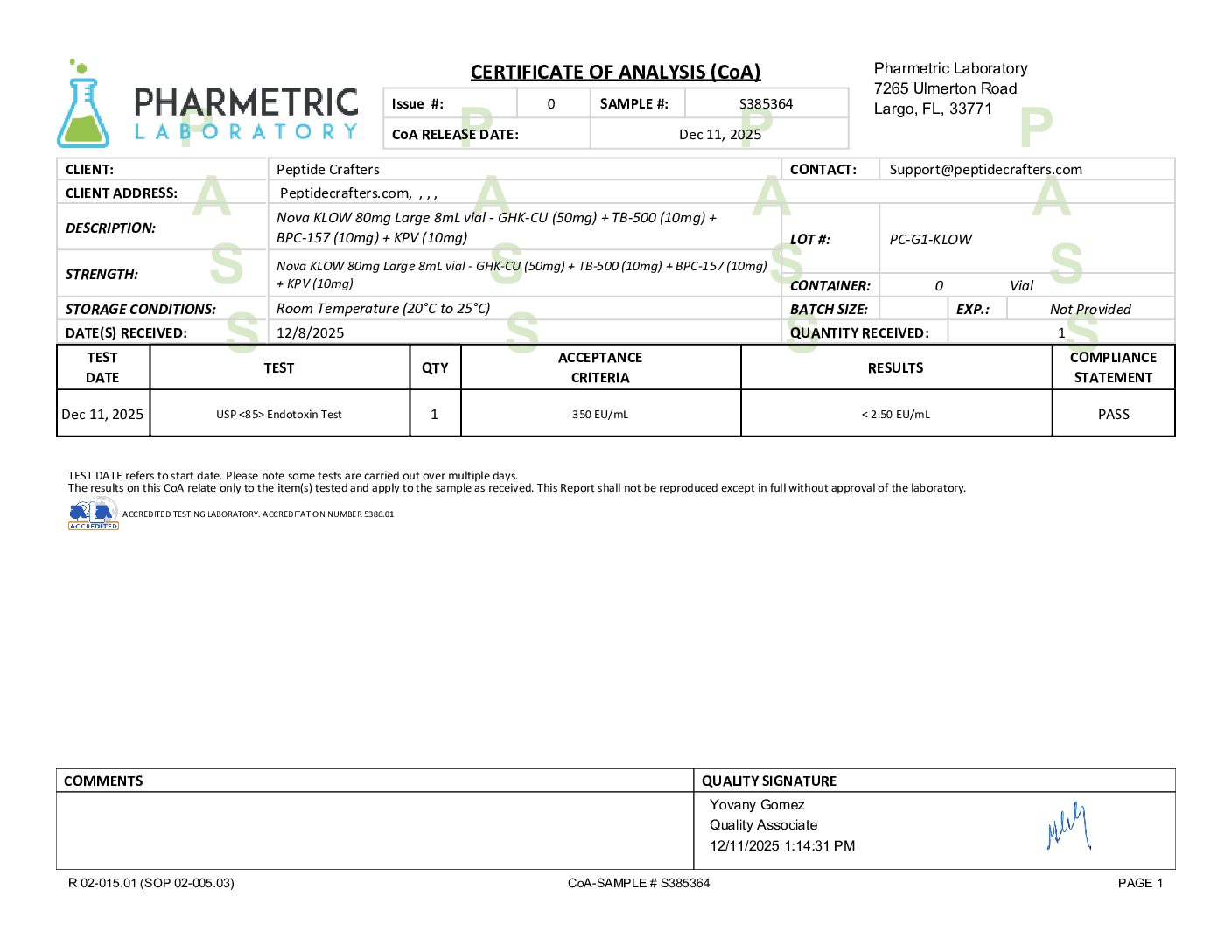 Certificate of Analysis for Nova KLOW 80mg Large 8mL vial - GHK-CU (50mg) + TB-500 (10mg) + BPC-157 (10mg) + KPV (10mg) from Peptide Crafters