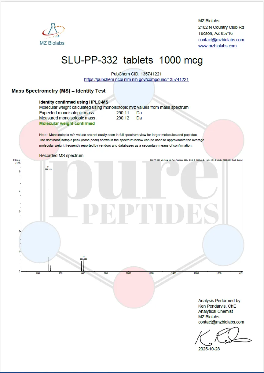 Certificate of Analysis for SLU PP 332 1000MCG TABLETS from Pure Peptides Bio