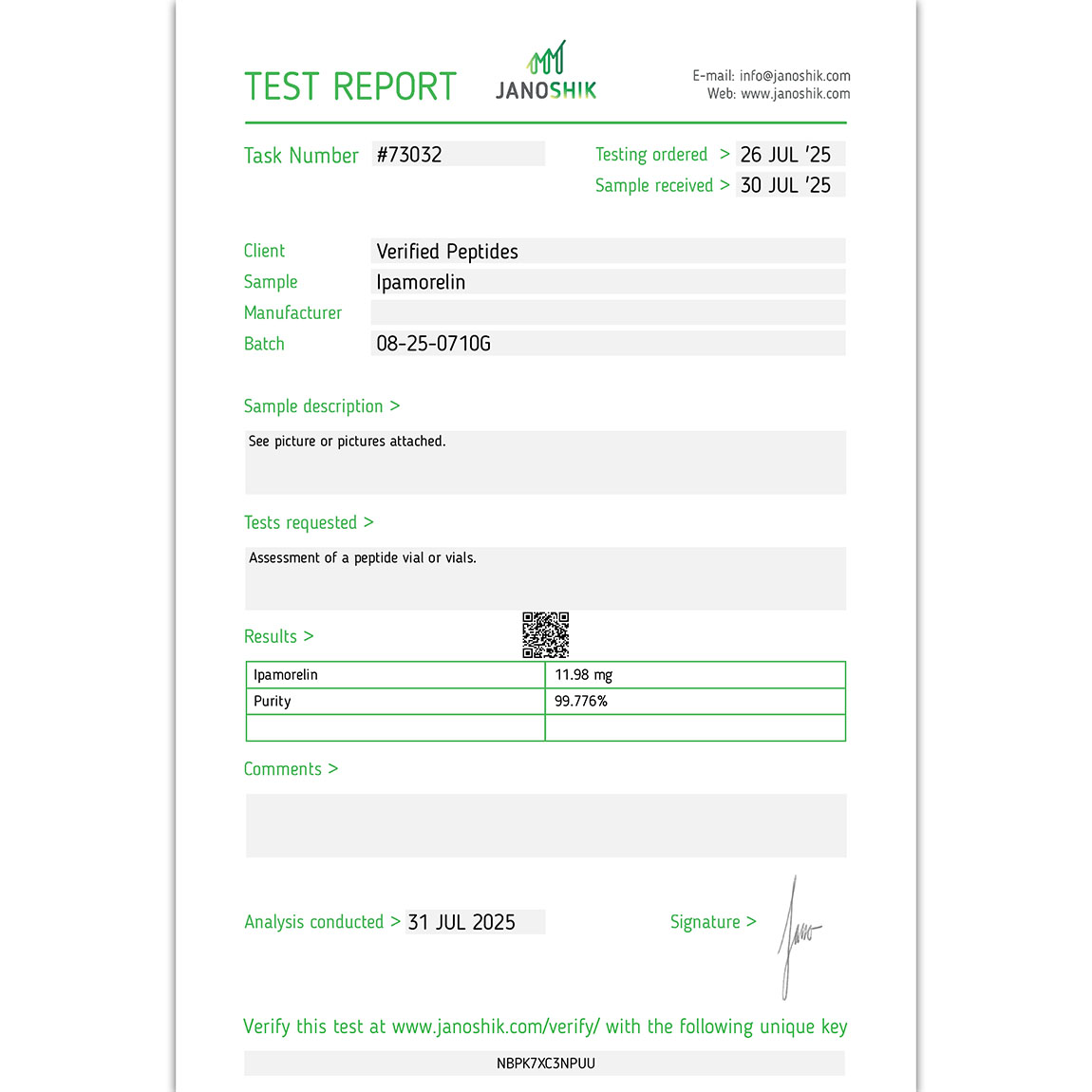 Certificate of Analysis for Pack: CJC-1295 DAC + Ipamorelin from Verified Peptides