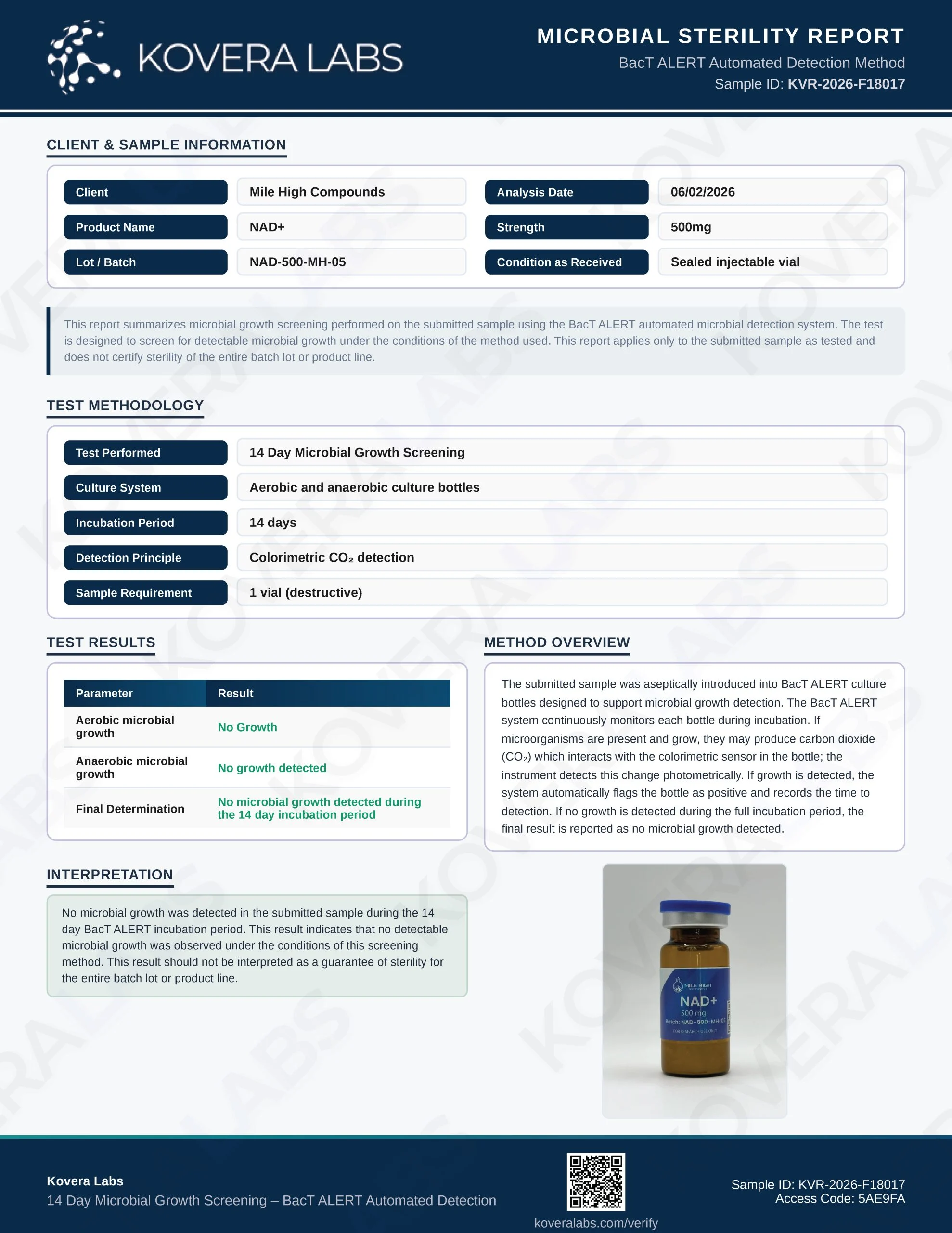Certificate of Analysis for Nad500mg from Mile High Compounds
