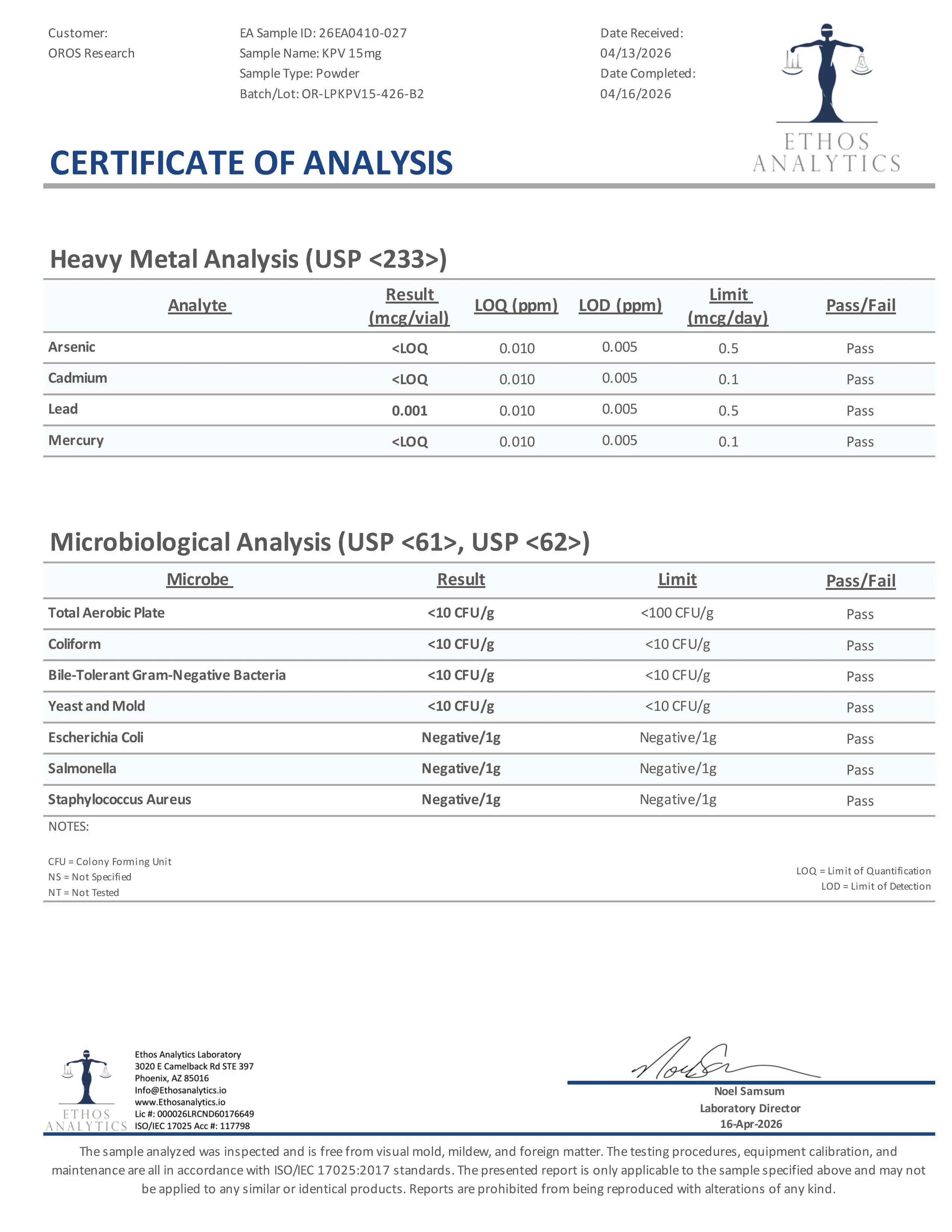 Certificate of Analysis for KPV from Oros Research