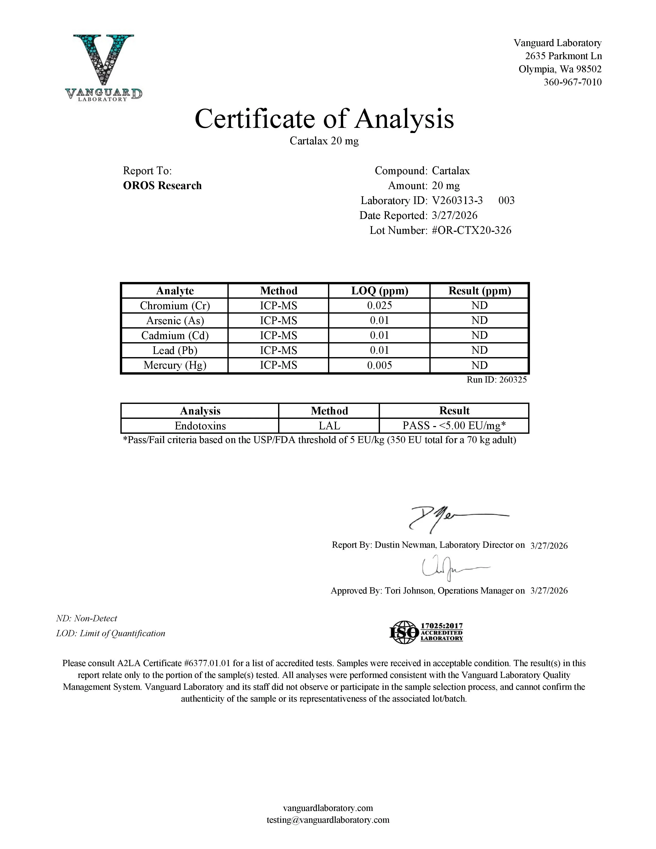 Certificate of Analysis for Cartalax from Oros Research