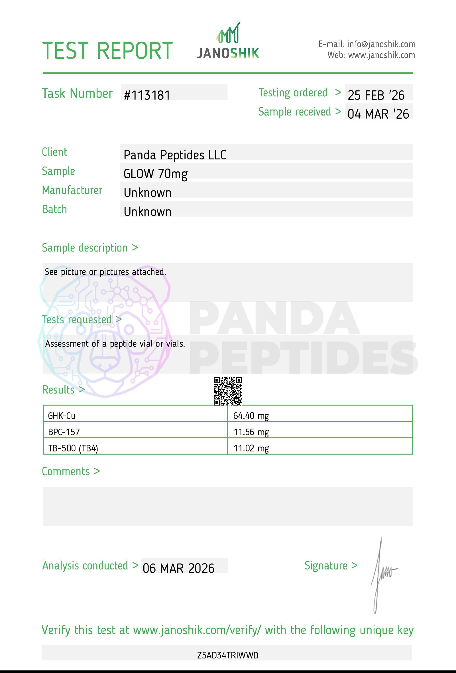 Certificate of Analysis for GLOW 70mg from Panda Peptides