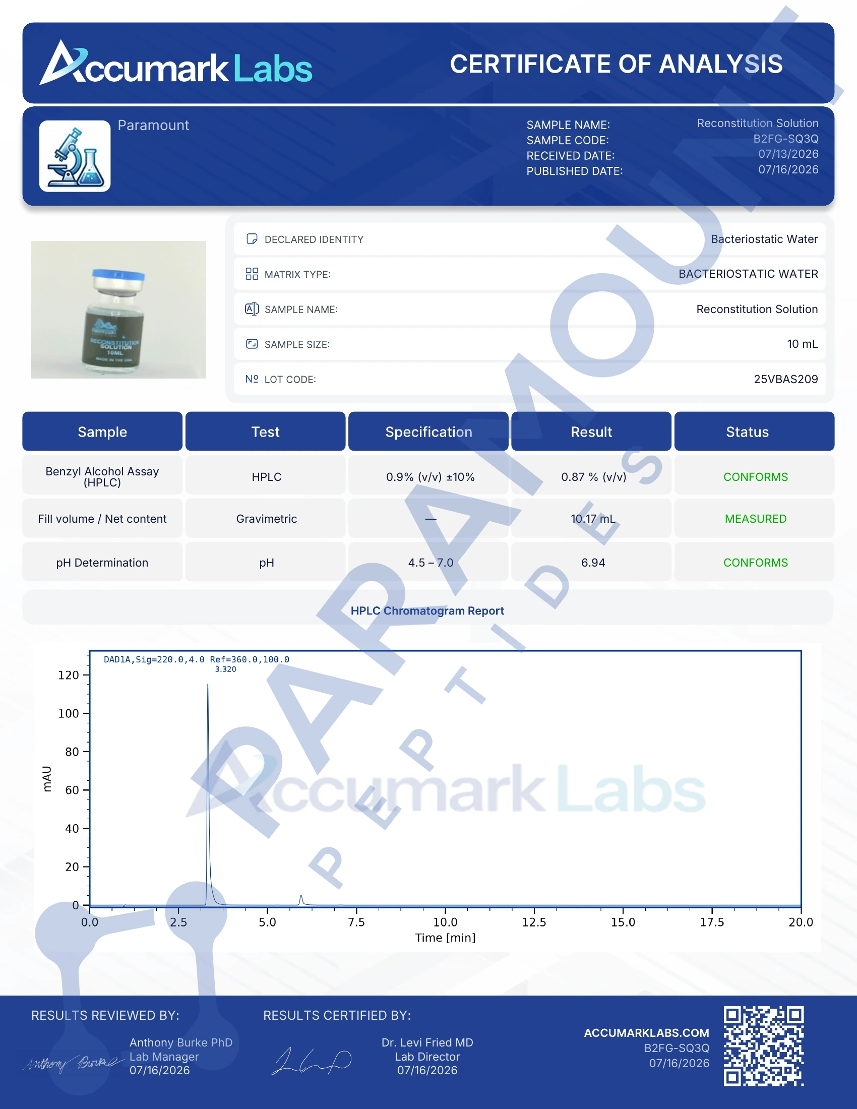 Certificate of Analysis for Buy Reconstitution Solution 10mL | Paramount Peptides from Paramount Peptides