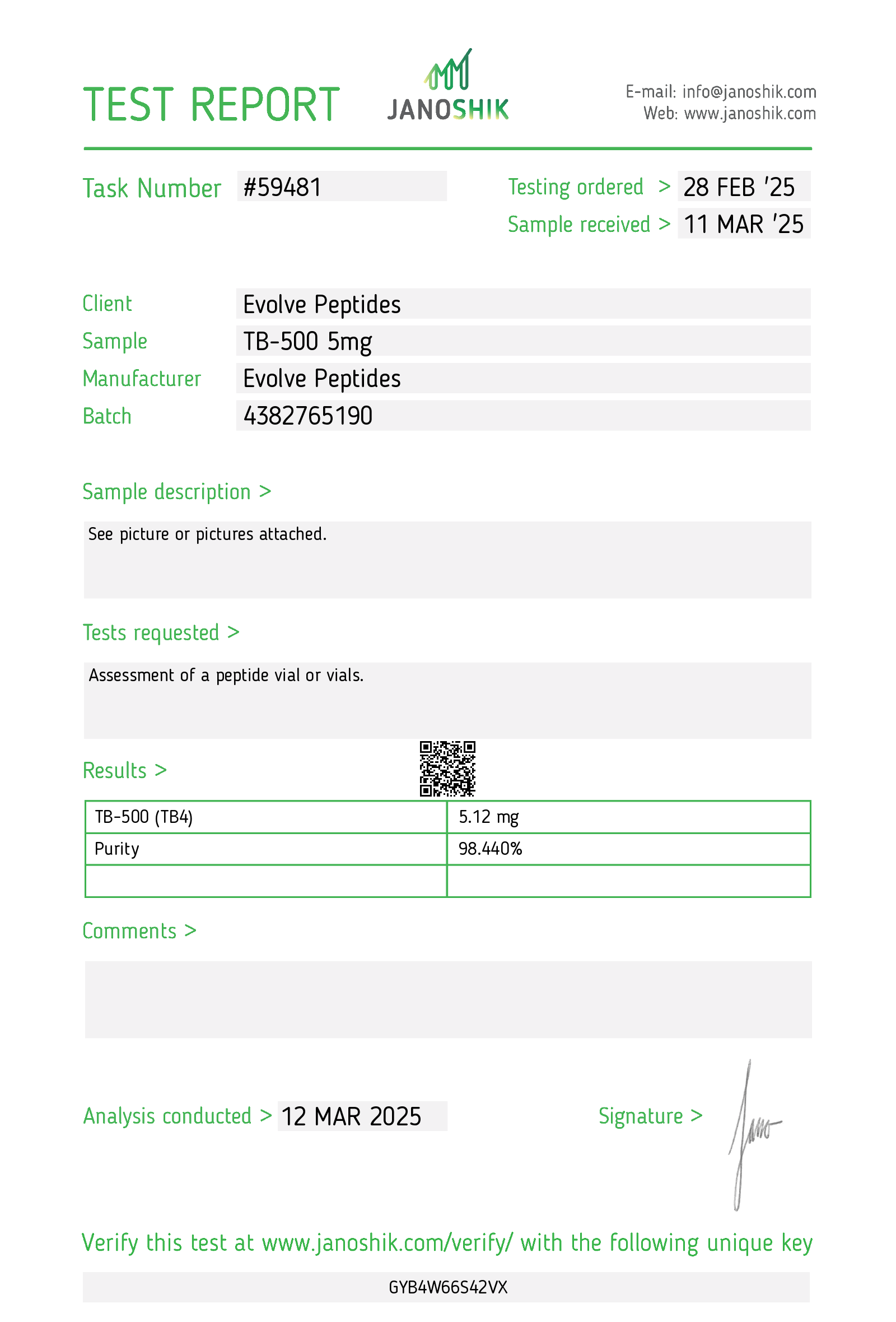 Certificate of Analysis for TB-500 (5mg) from Evolve Peptides