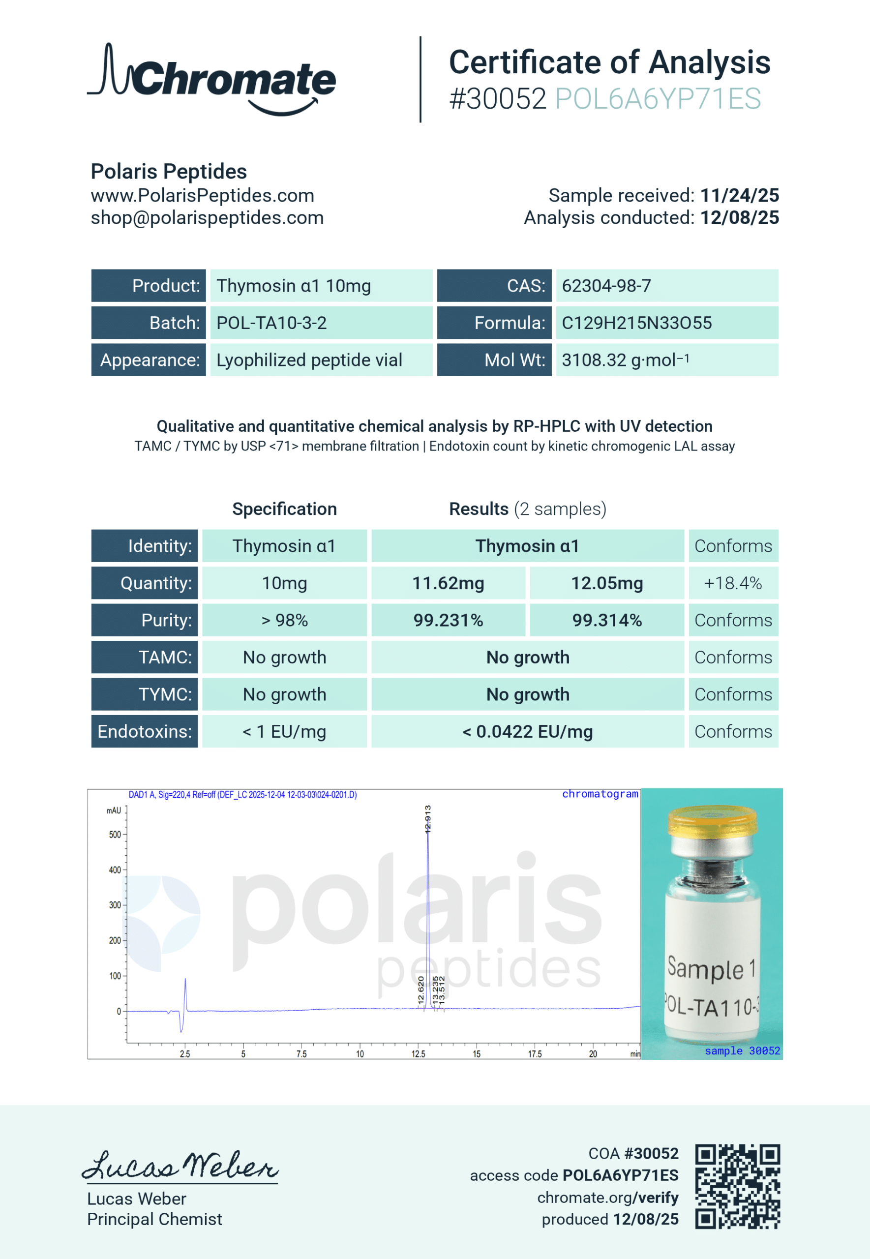 Certificate of Analysis for Thymosin Alpha-1 10mg from Polaris Peptides