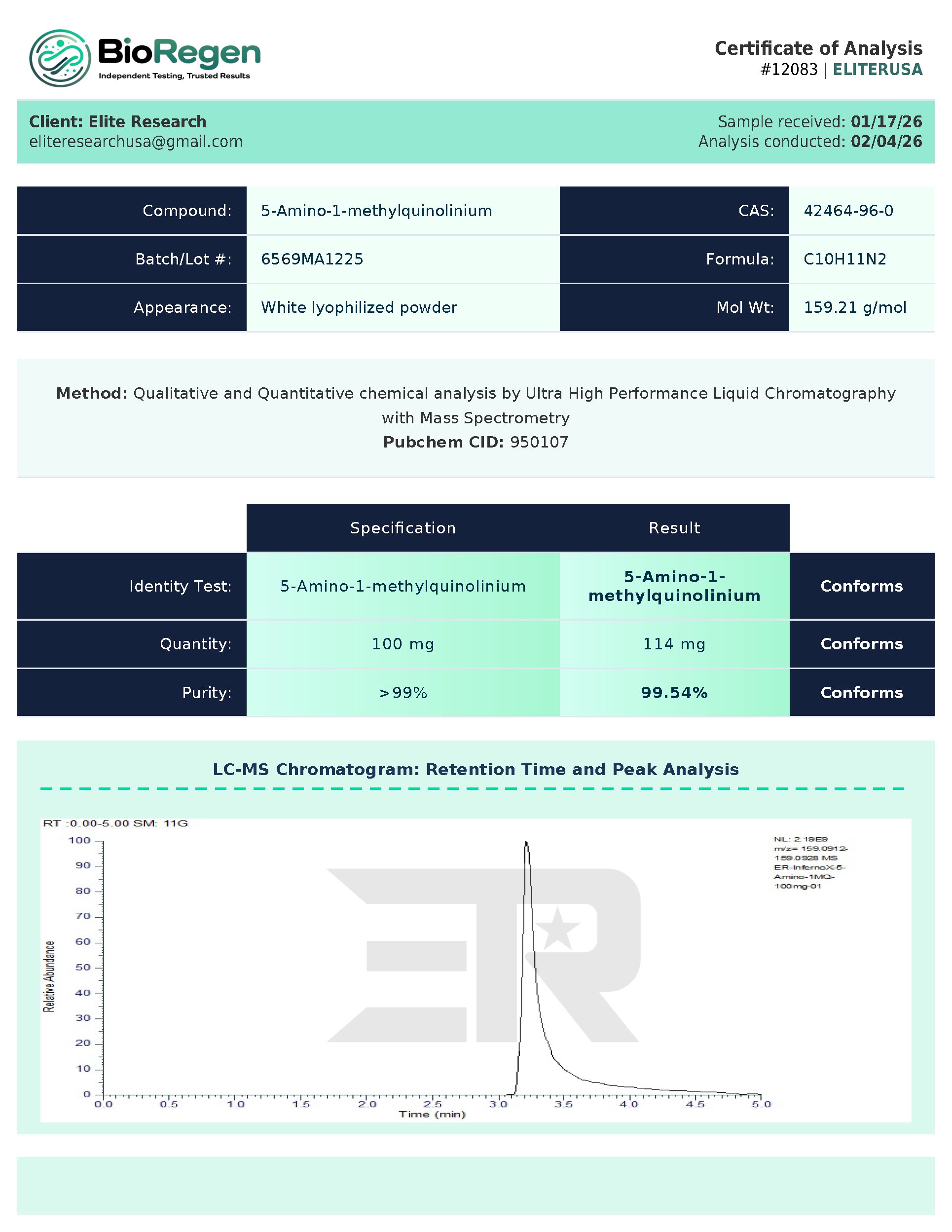 Certificate of Analysis for BioRegen COA from Elite Research USA