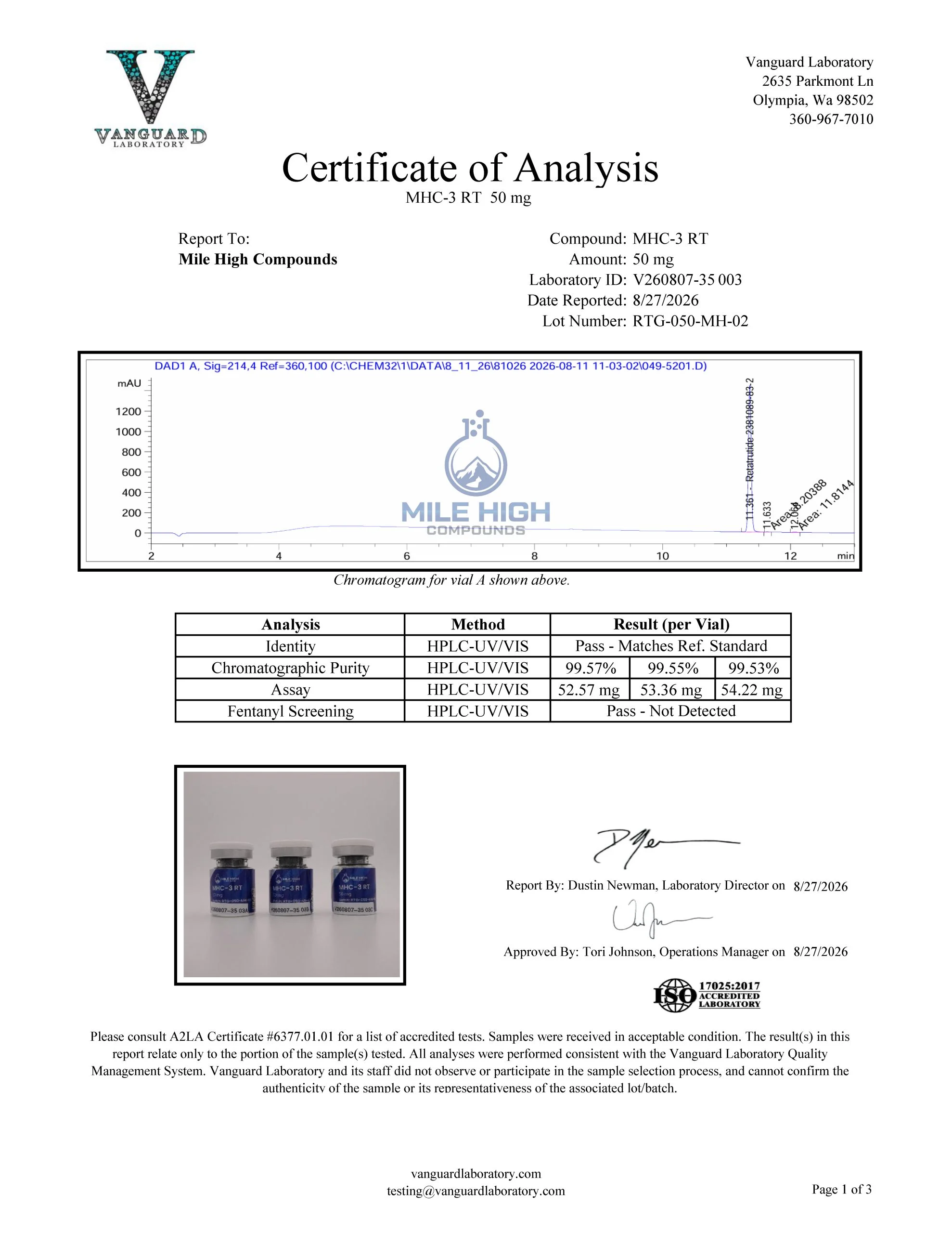 Certificate of Analysis for Mhc 3 Rt from Mile High Compounds