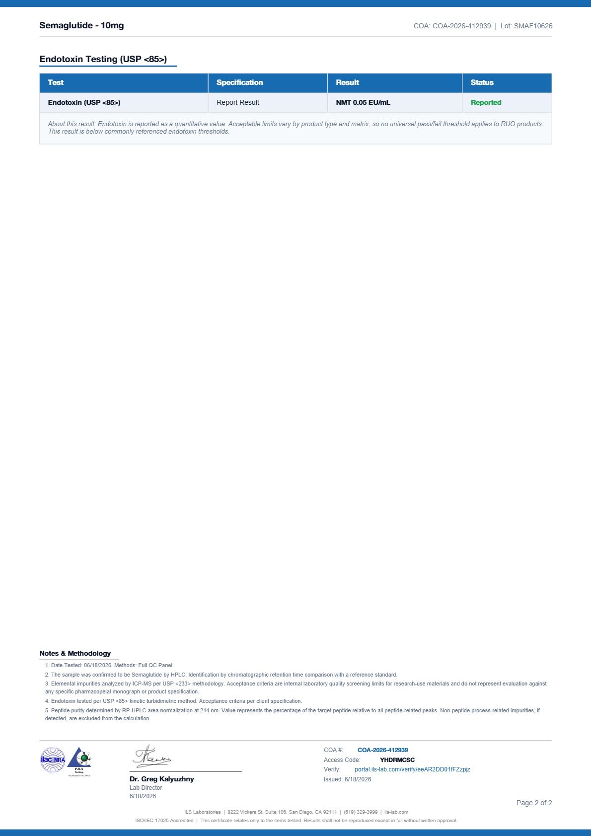 Certificate of Analysis for Semaglutide from Atomik Labz