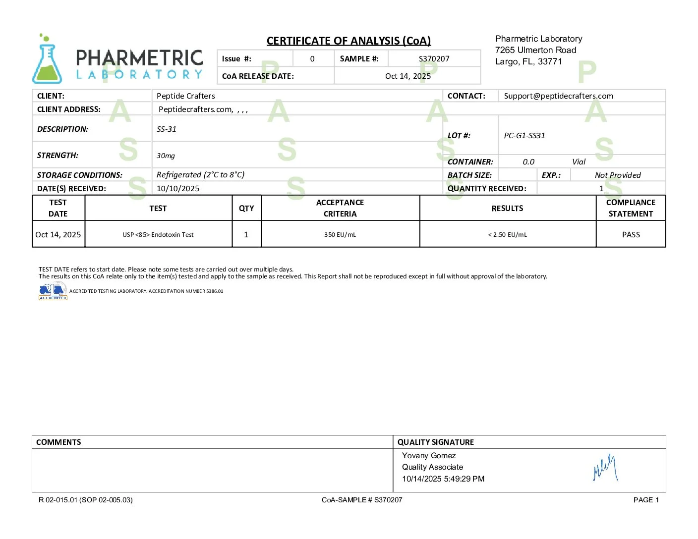 Certificate of Analysis for SS-31 (39mg) - Limited Stock from Peptide Crafters