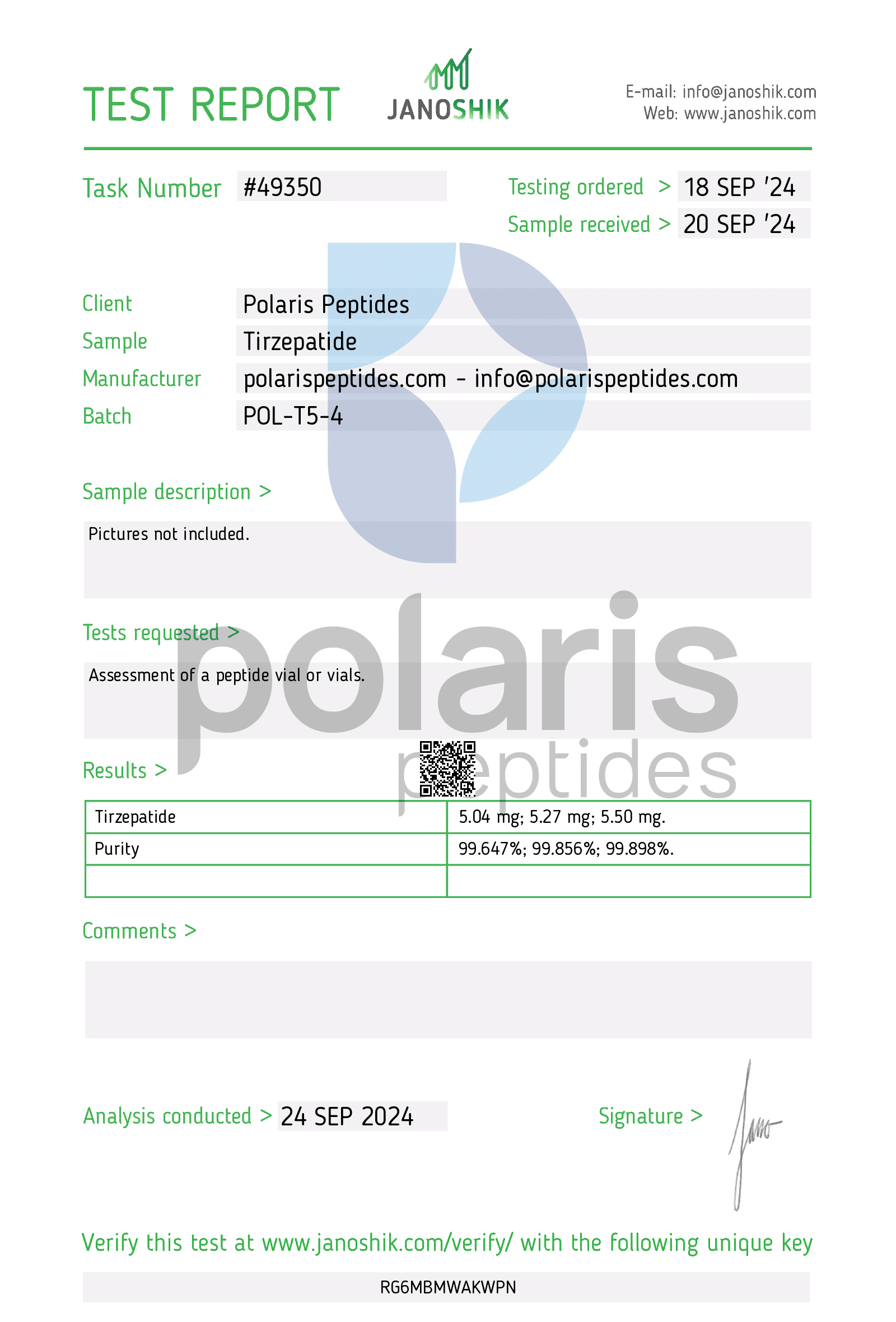 Certificate of Analysis for Tirzepatide 5mg from Polaris Peptides