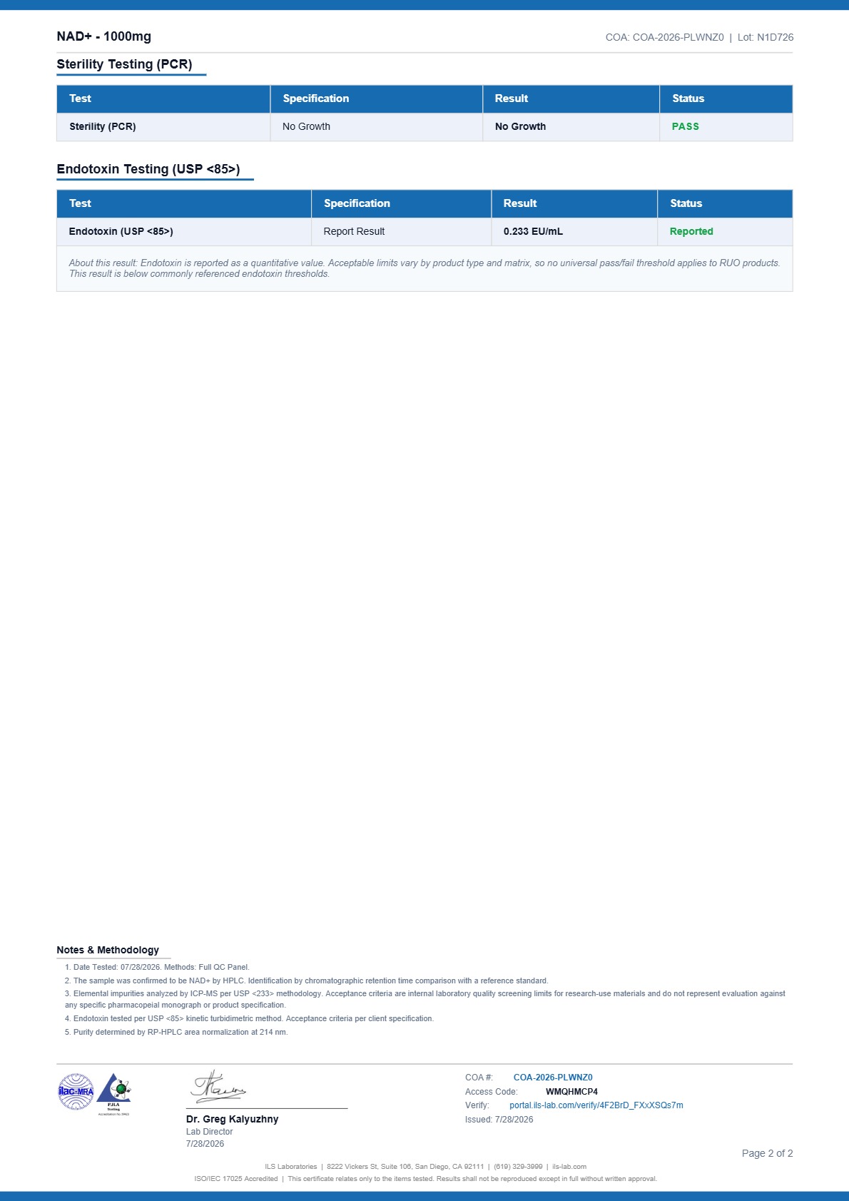 Certificate of Analysis for NAD+ from Atomik Labz
