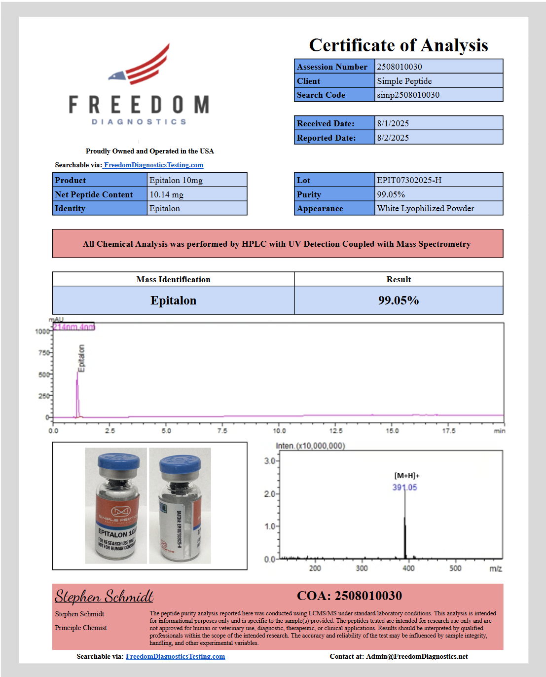 Certificate of Analysis for Epitalon from Simple Peptide