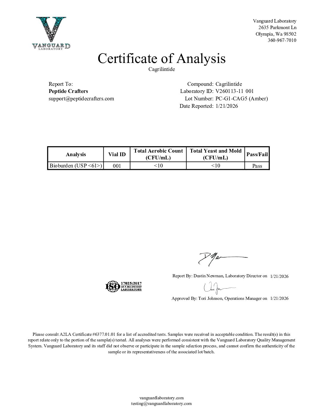 Certificate of Analysis for Cagrilintide (5mg) from Peptide Crafters