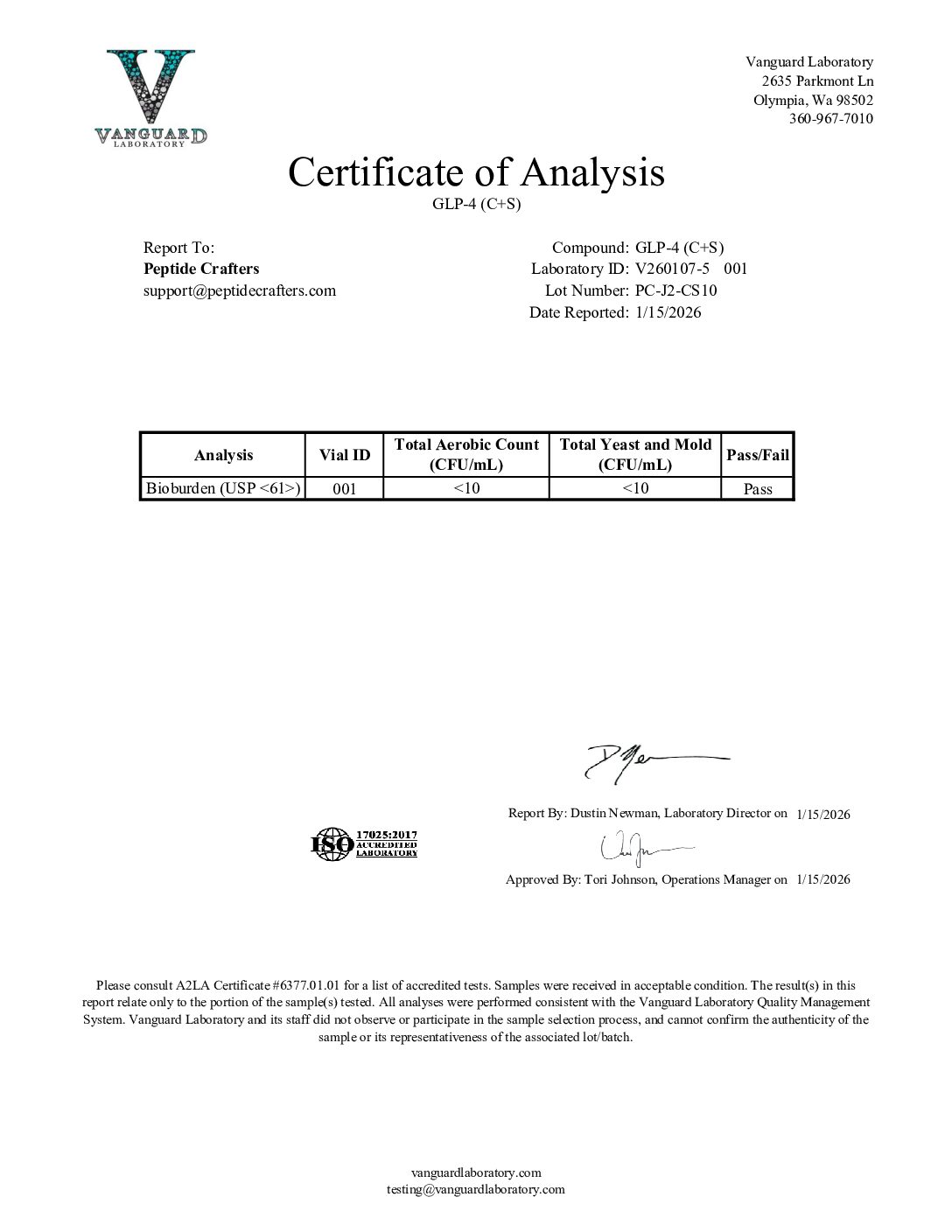 Certificate of Analysis for GLP-4 (C+S) 10mg (5/5mg Blend) from Peptide Crafters