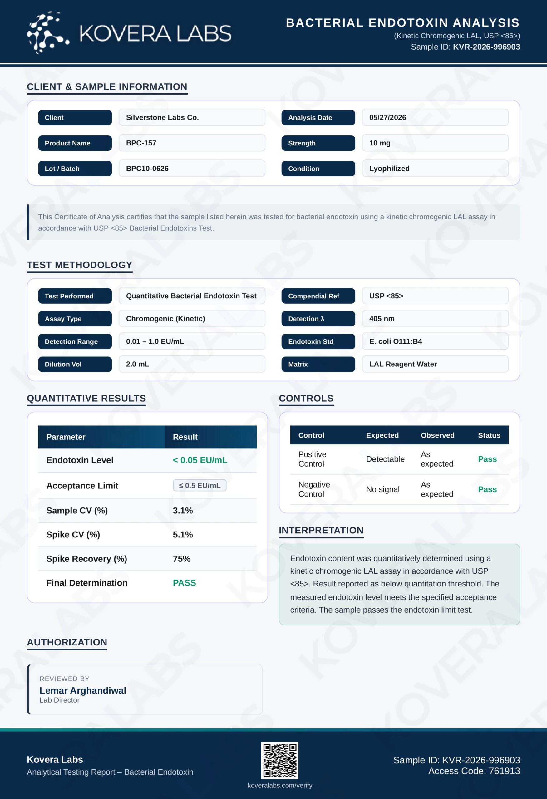 Certificate of Analysis for BPC-157 | 10mg from Silverstone Labs Co.