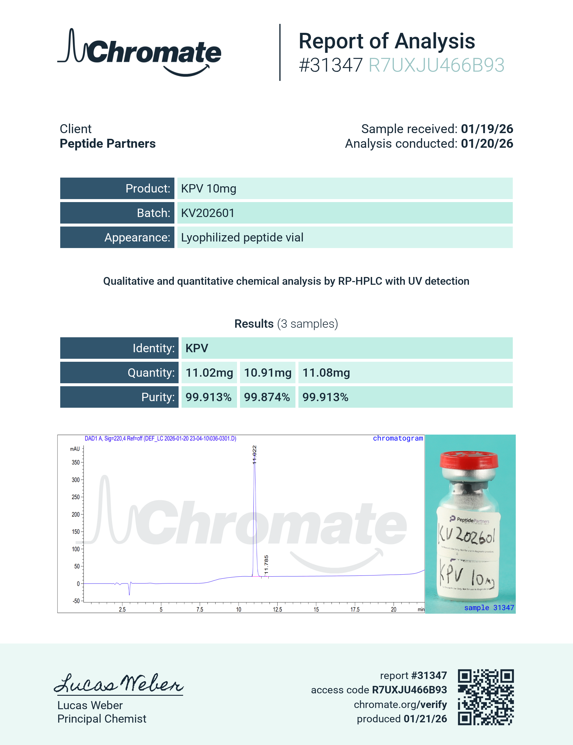 Certificate of Analysis for KPV from Peptide Partners