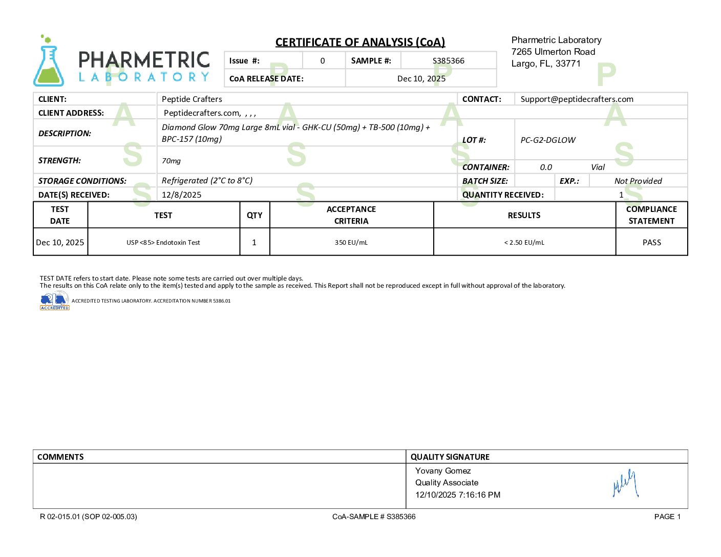 Certificate of Analysis for Diamond Glow 70mg Large 8mL vial - GHK-CU (50mg) + TB-500 (10mg) + BPC-157 (10mg) from Peptide Crafters