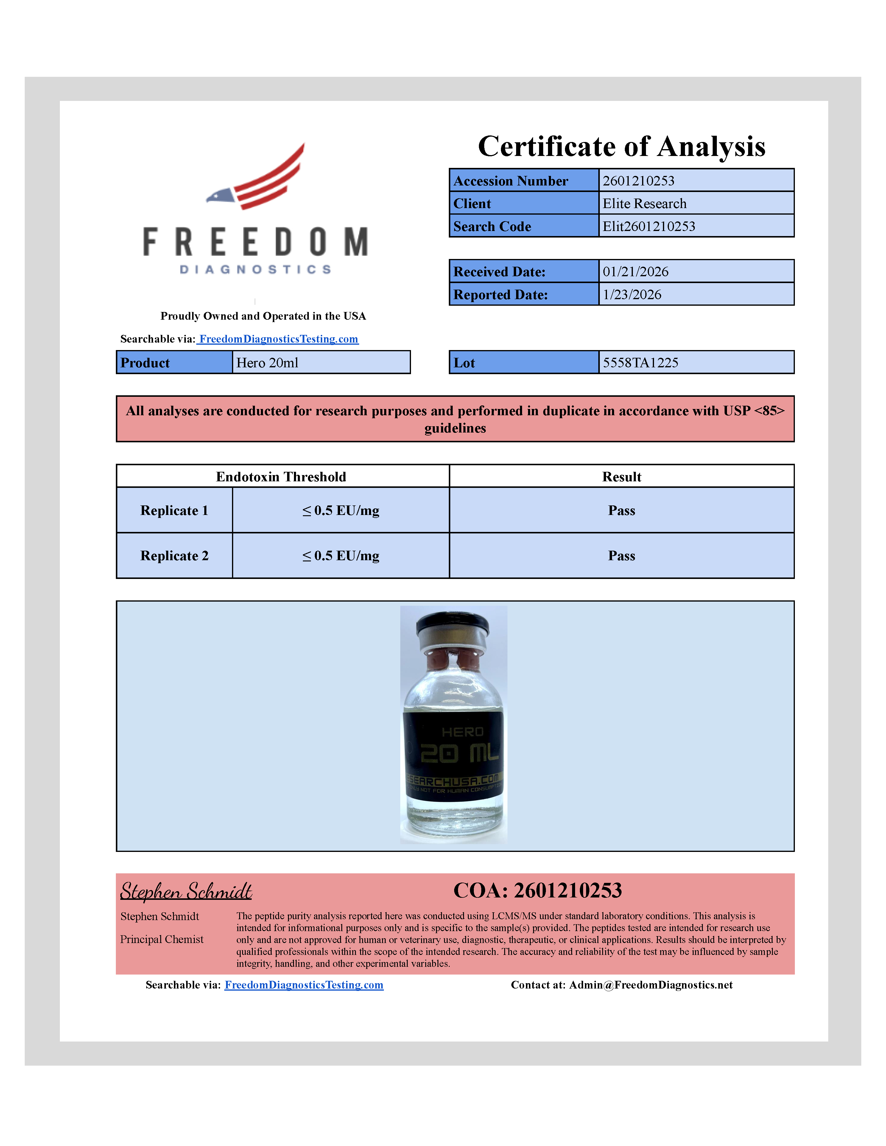 Certificate of Analysis for Freedom Diagnostics COA from Elite Research USA