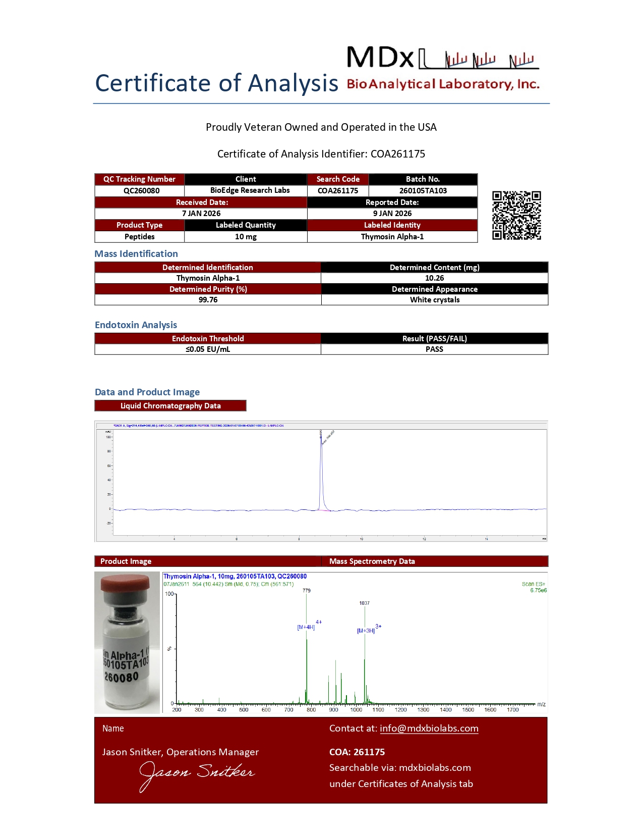Certificate of Analysis for Thymosin Alpha 1 (10mg) from BioEdge Research Labs