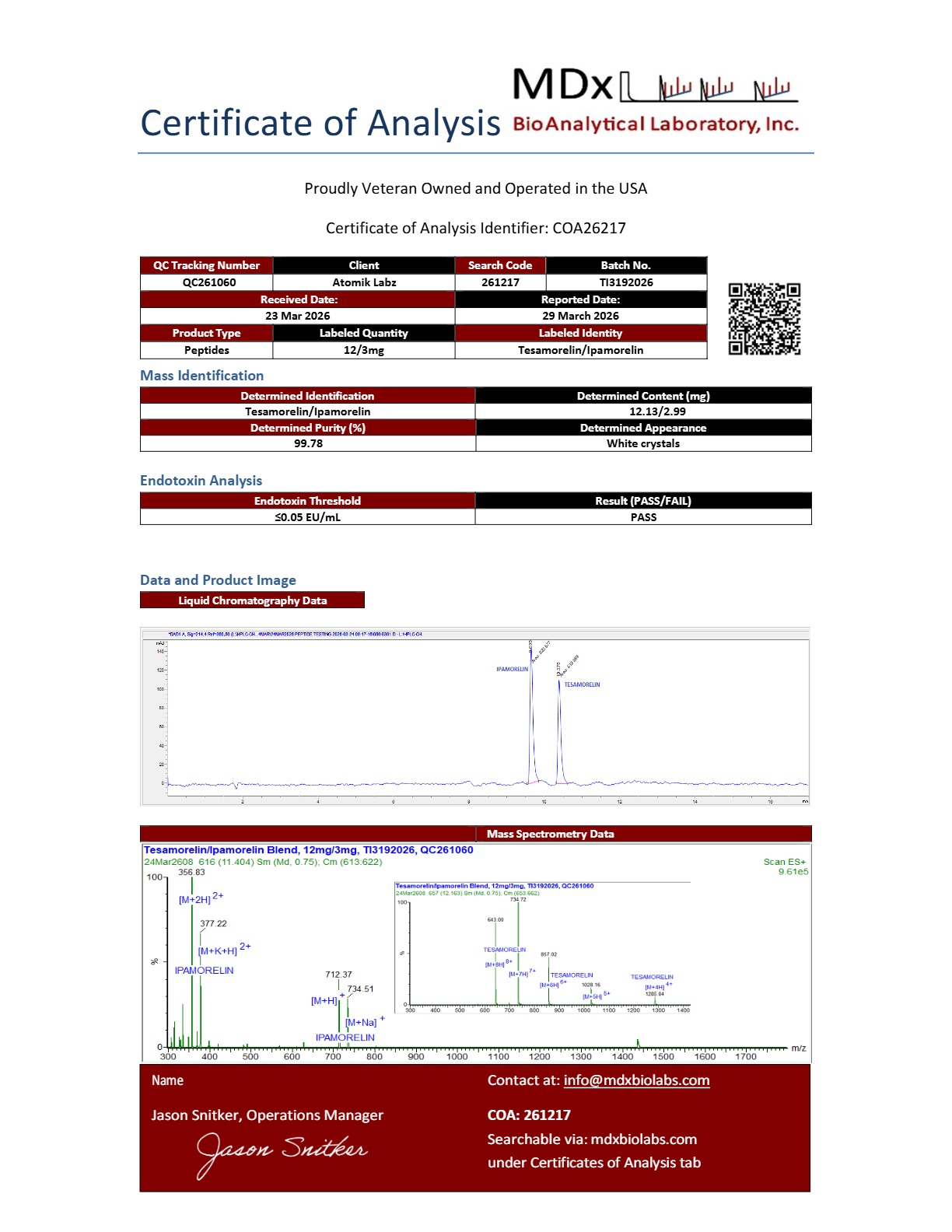 Certificate of Analysis for Tesamorelin / Ipamorelin Blend from Atomik Labz
