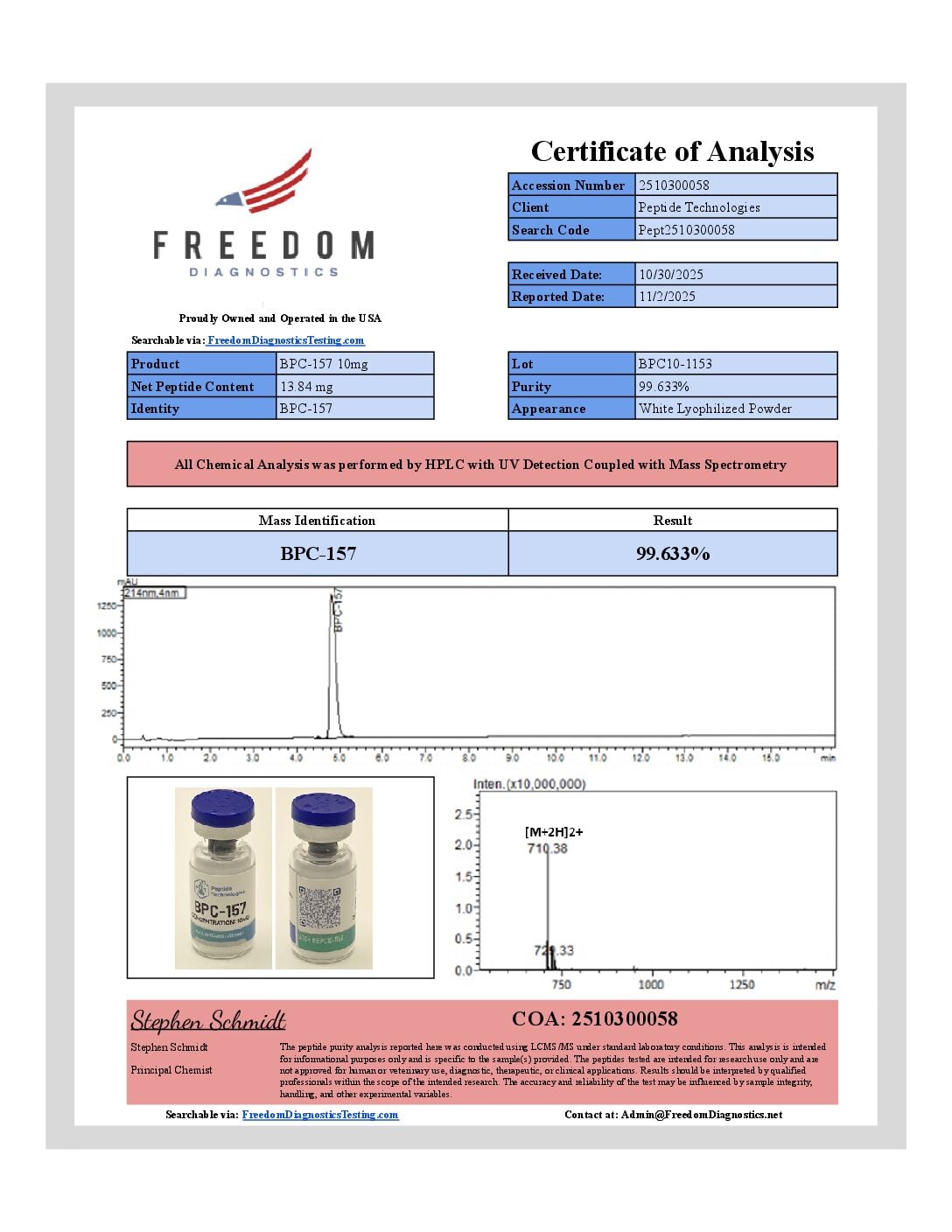 Certificate of Analysis for BPC-157 from Peptide Tech