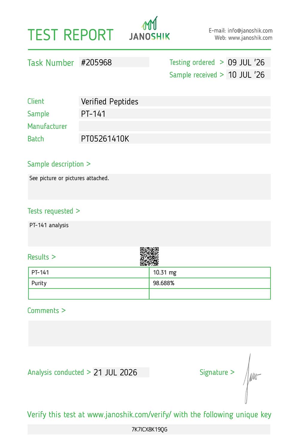 Certificate of Analysis for PT-141 Peptide (10MG) from Verified Peptides