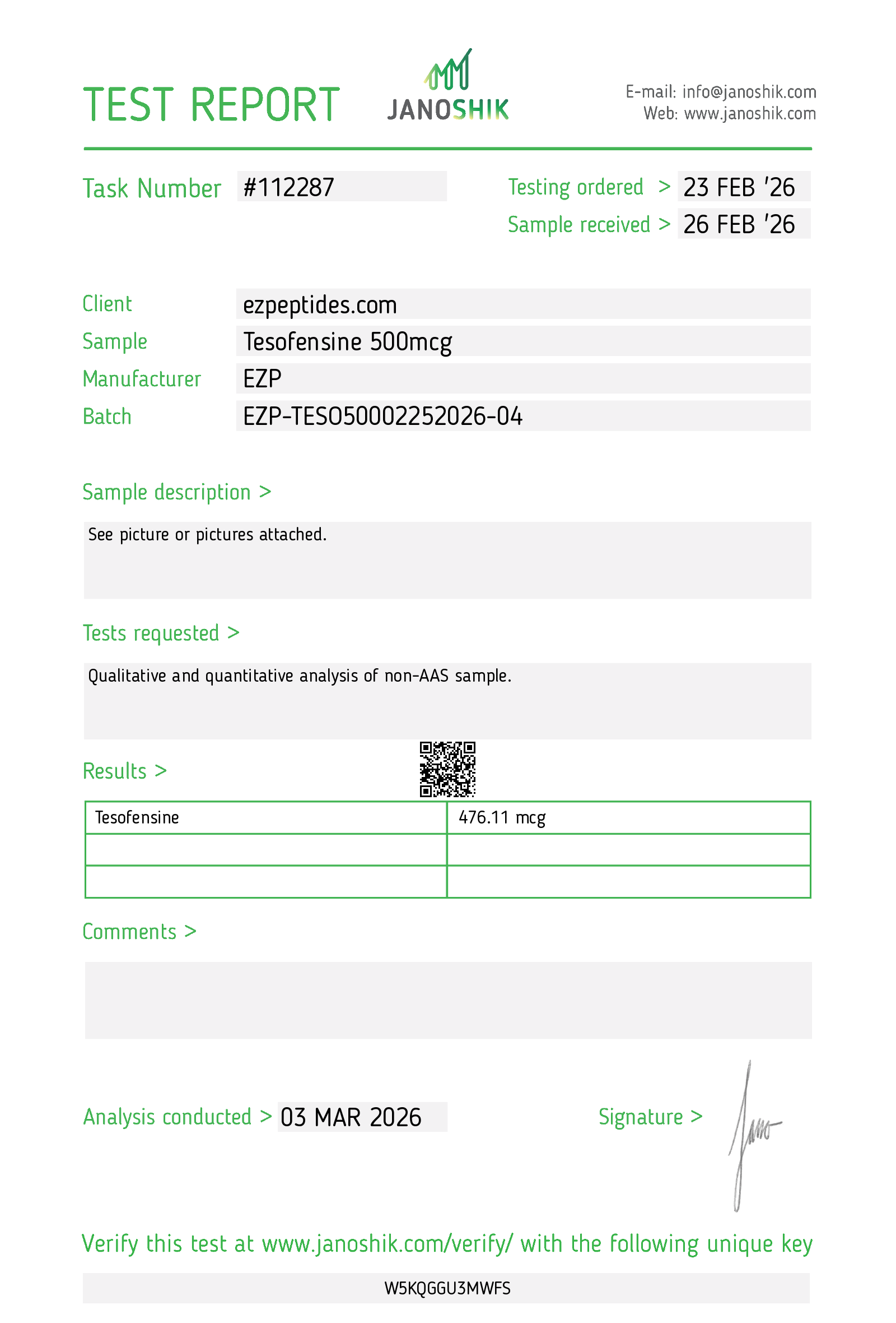 Certificate of Analysis for Tesofensine 500mcg (100 tabs/bottle) from EZ Peptides