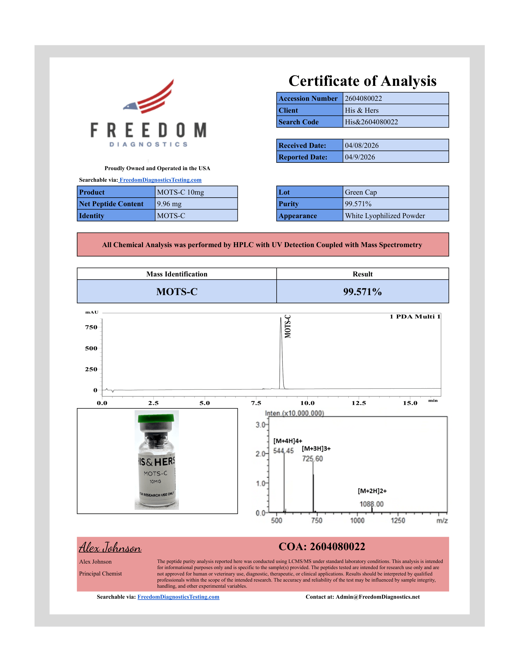 Certificate of Analysis for MOTS-c 10mg from VAYN