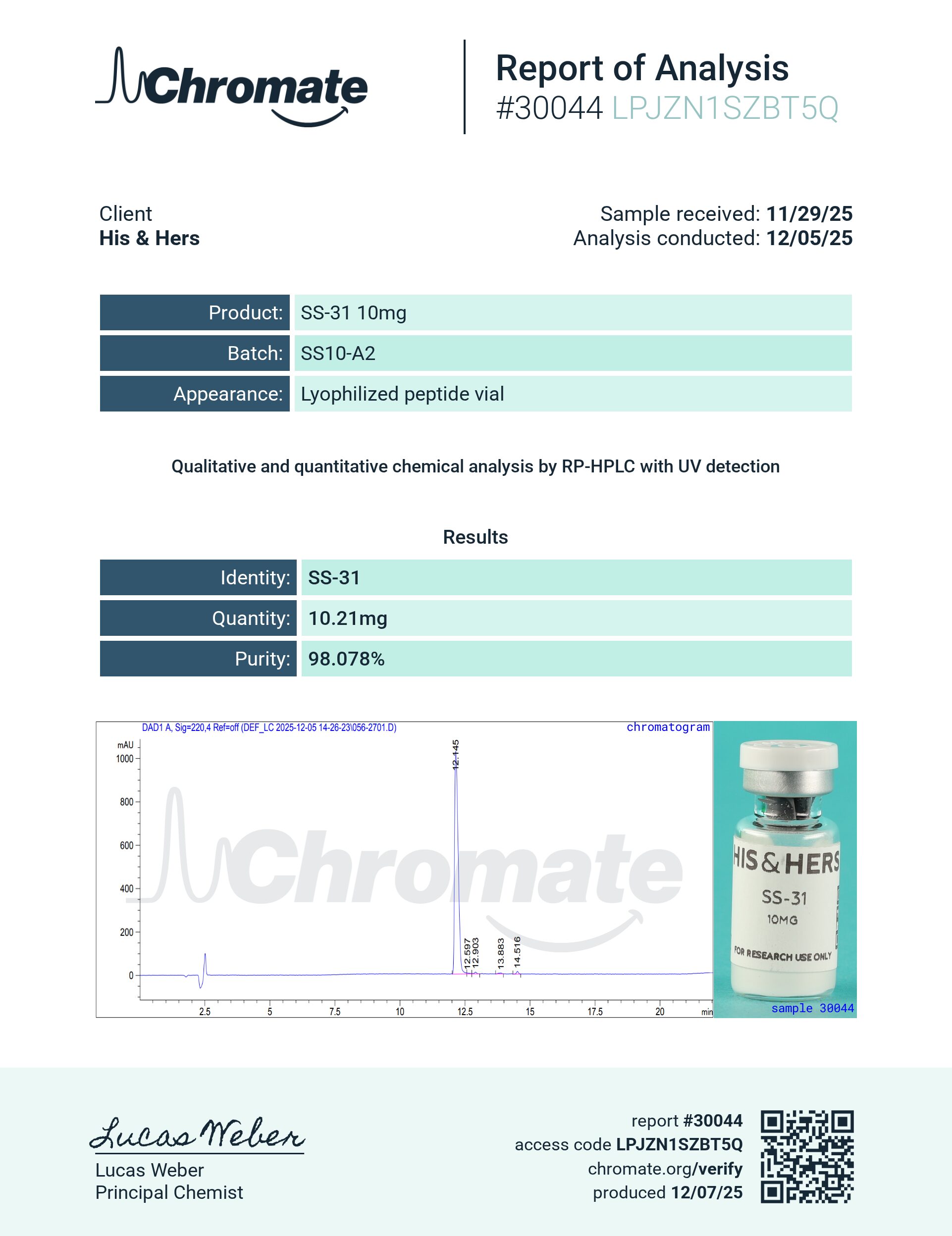 Certificate of Analysis for SS-31 10mg from VAYN