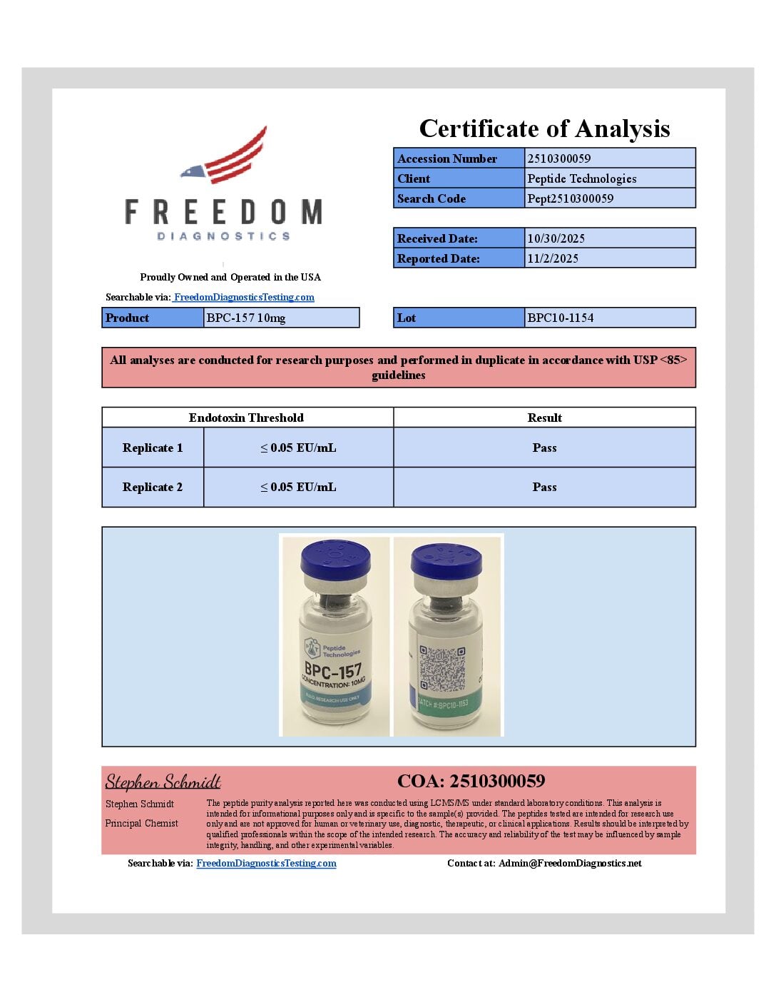 Certificate of Analysis for BPC-157 from Peptide Tech