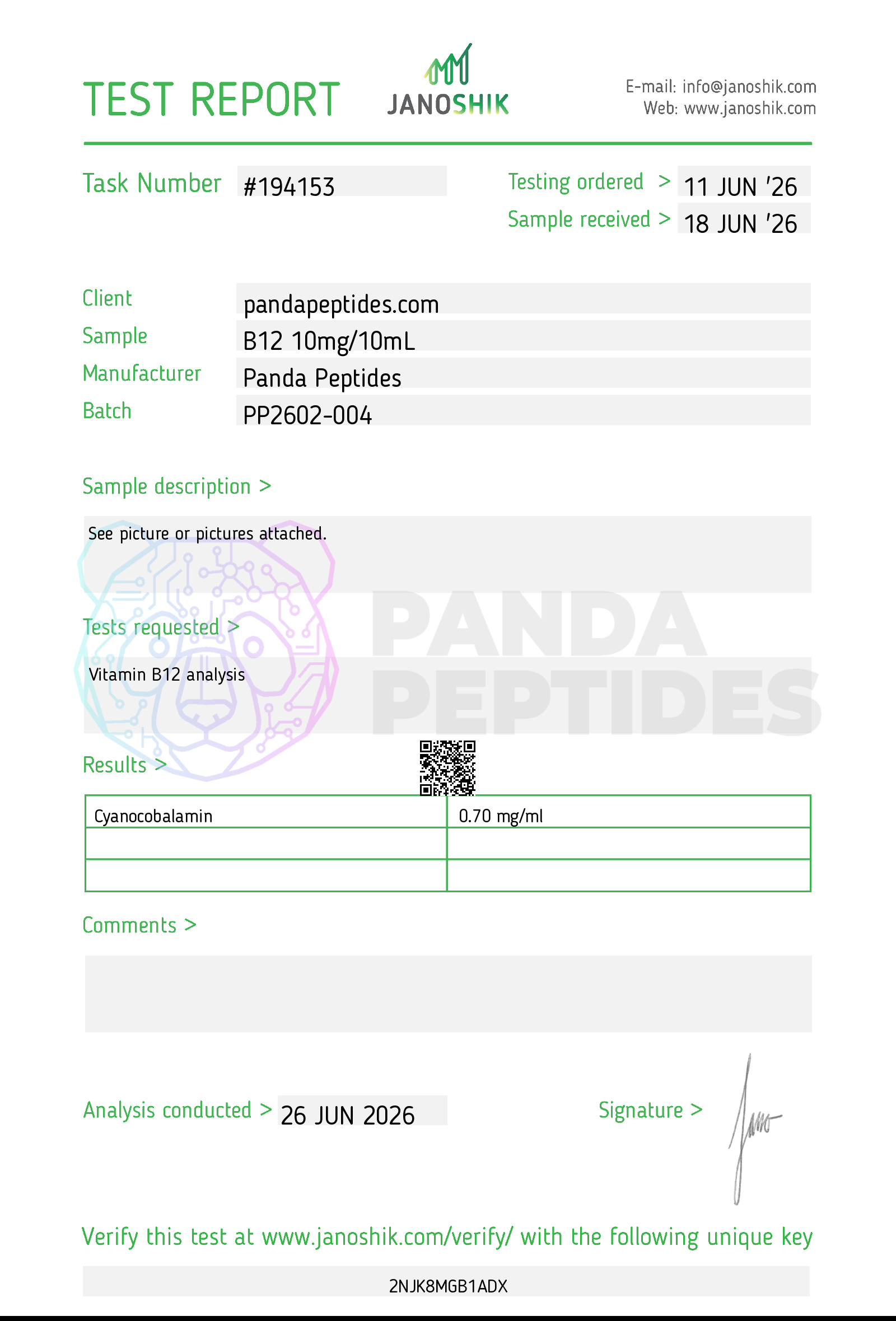 Certificate of Analysis for B12 10mg/10mL from Panda Peptides