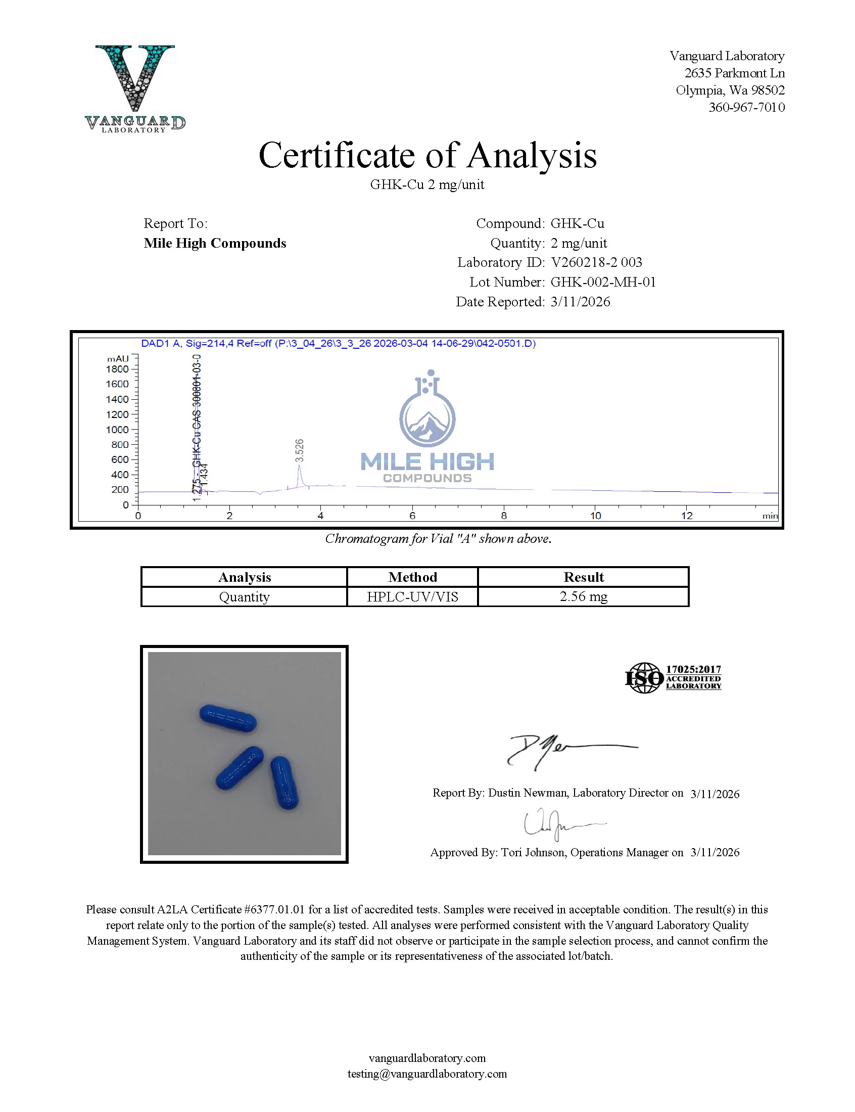 Certificate of Analysis for Ghk Cu Capsules from Mile High Compounds