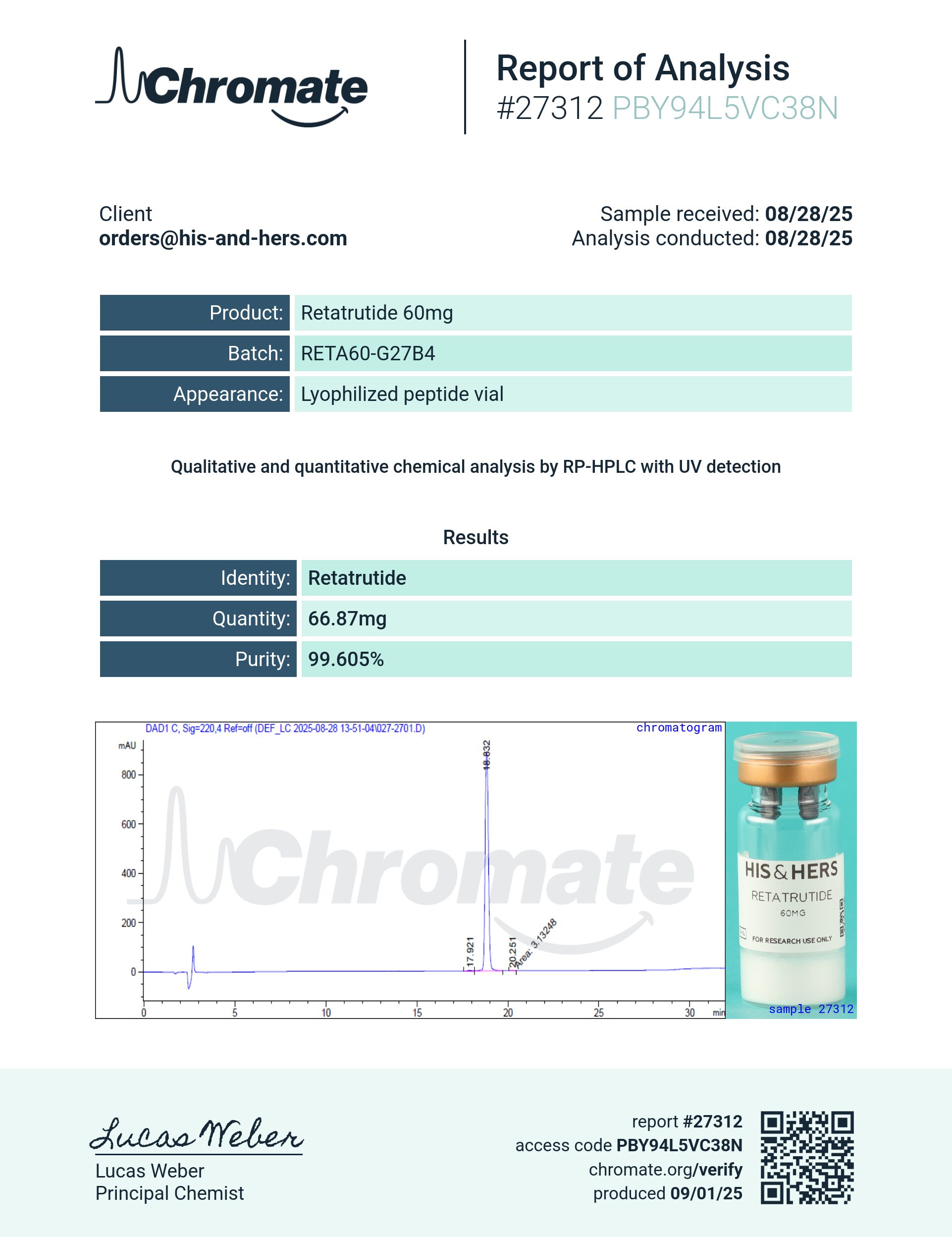 Certificate of Analysis for Retatrutide 60mg from VAYN