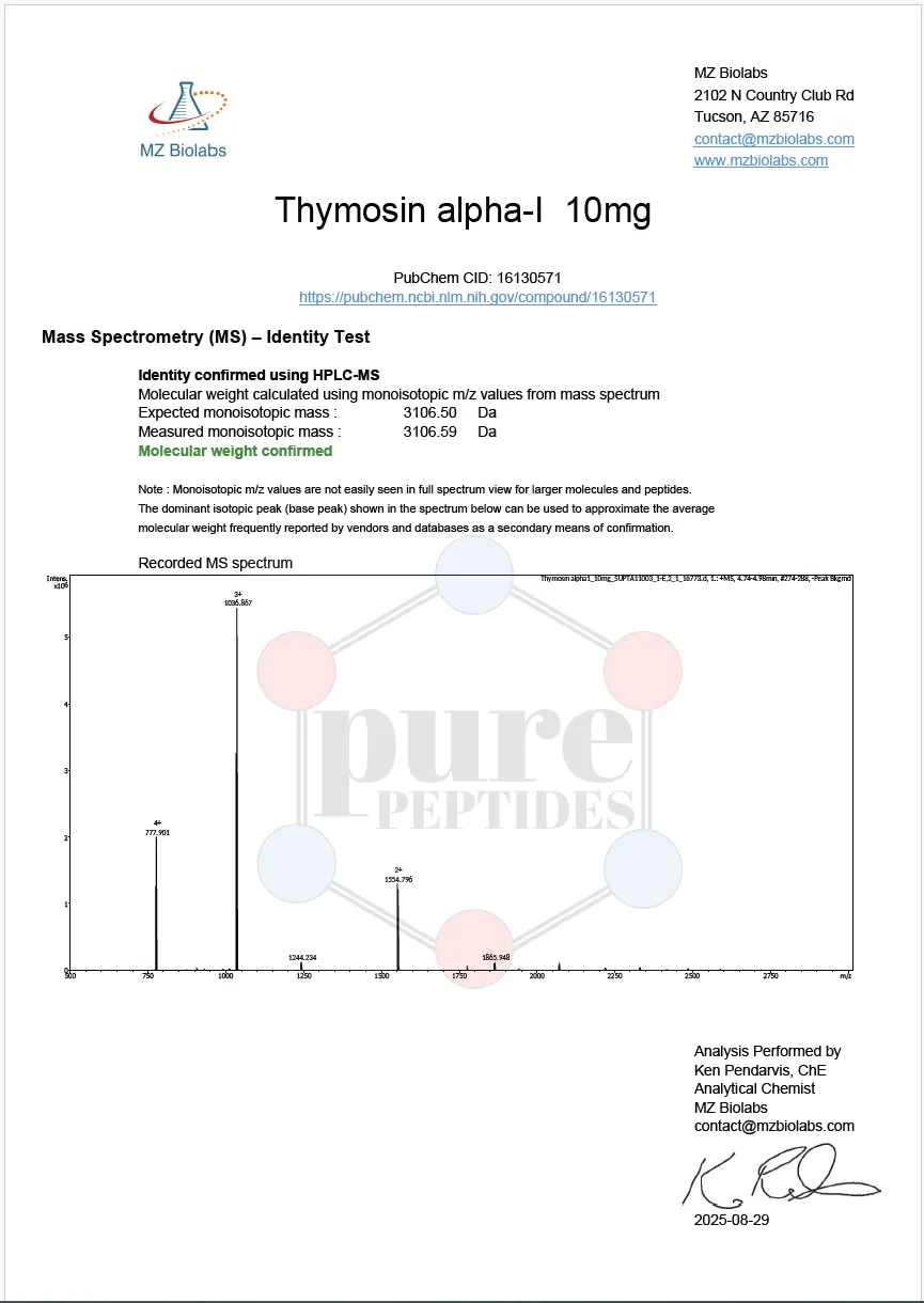 Certificate of Analysis for THYMOSIN ALPHA 1 from Pure Peptides Bio