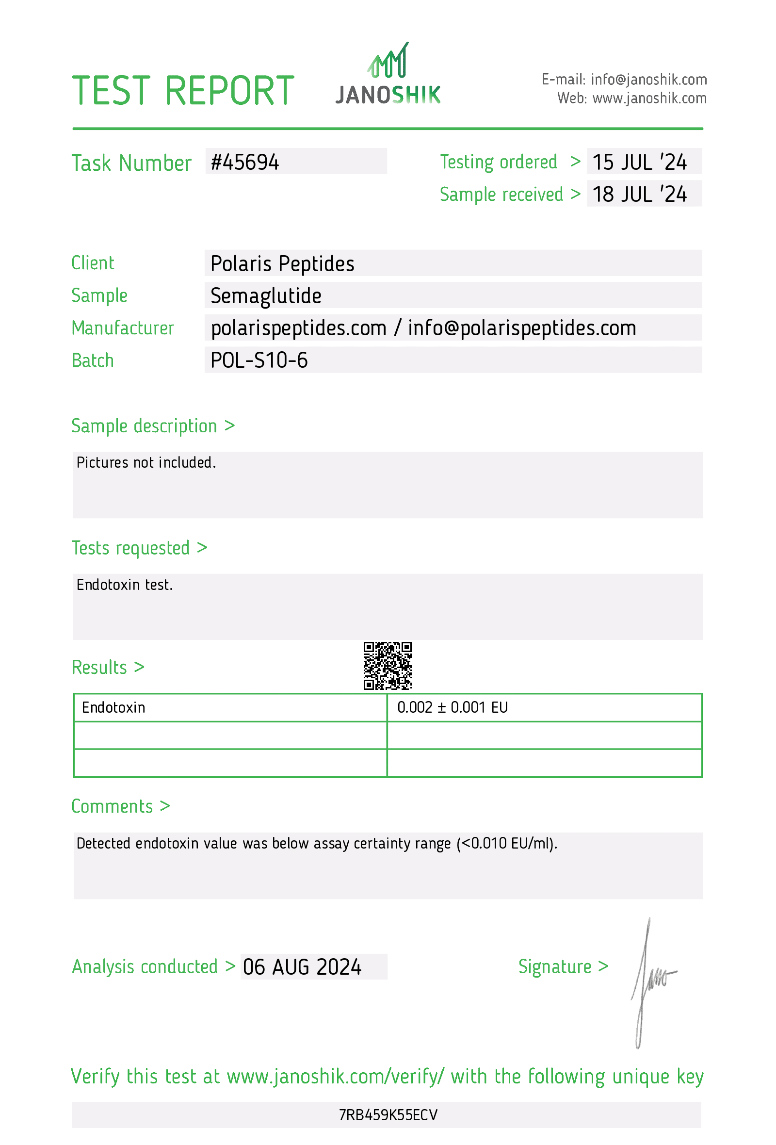 Certificate of Analysis for Semaglutide 10mg from Polaris Peptides