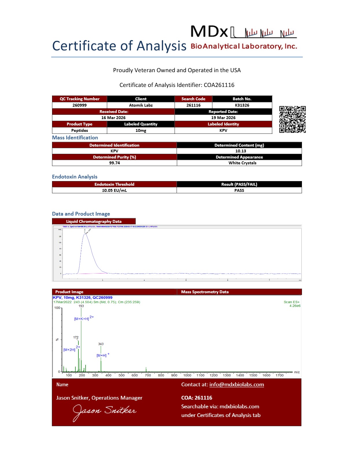 Certificate of Analysis for KPV from Atomik Labz