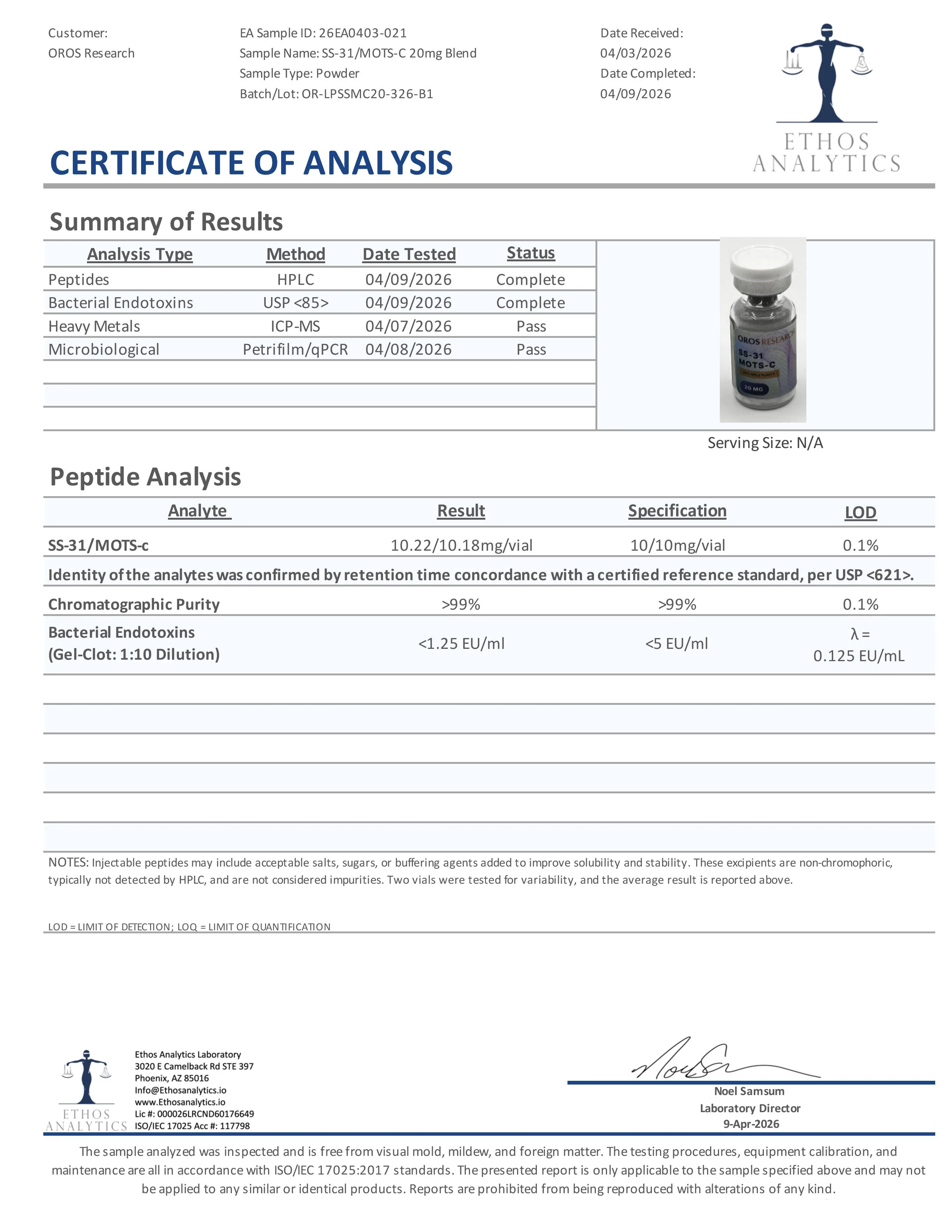 Certificate of Analysis for SS-31, MOTS-C Blend from Oros Research