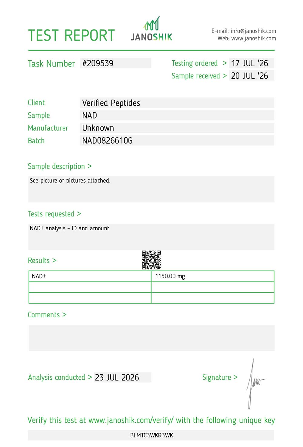 Certificate of Analysis for NAD+ Peptide (1000MG) from Verified Peptides