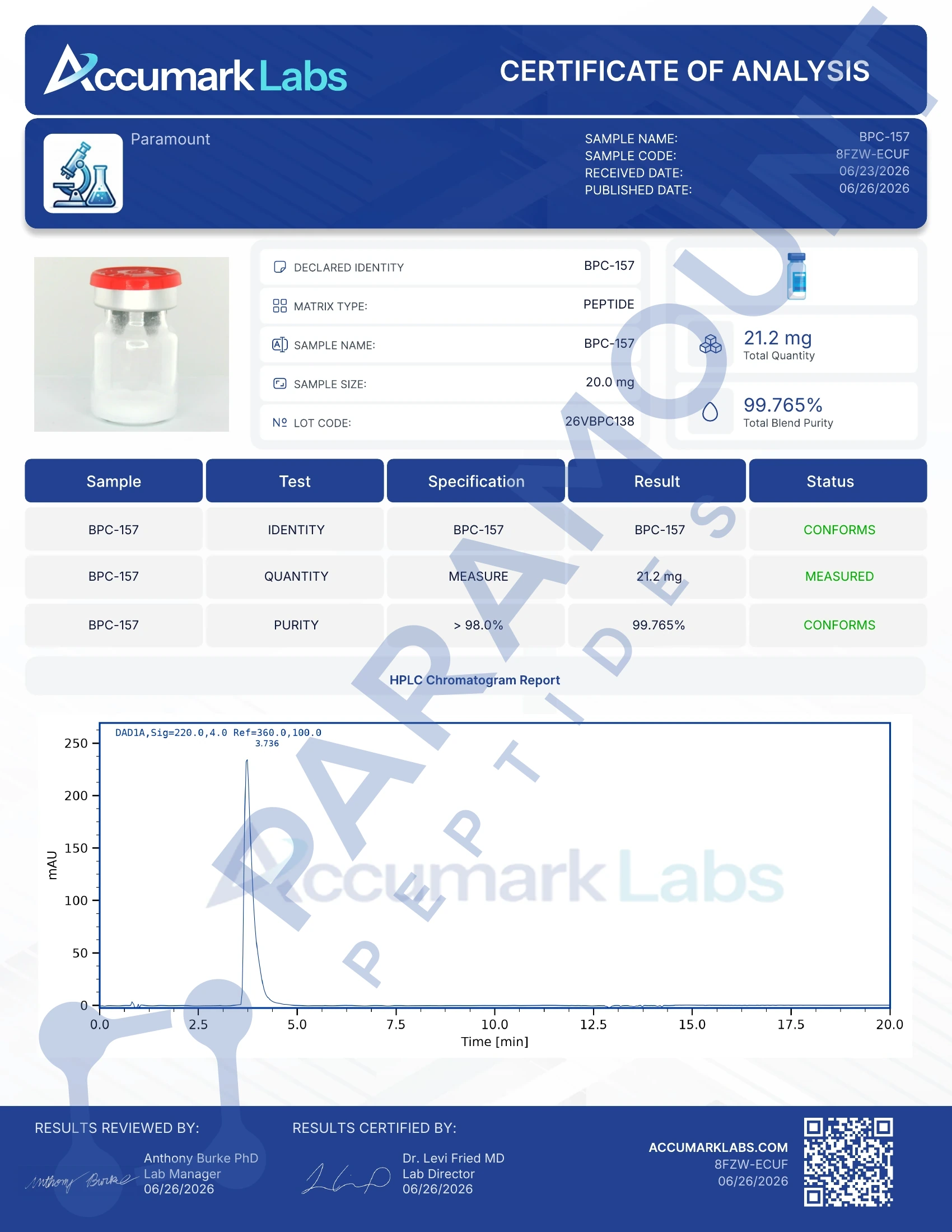 Certificate of Analysis for Buy BPC-157 20mg | Paramount Peptides from Paramount Peptides