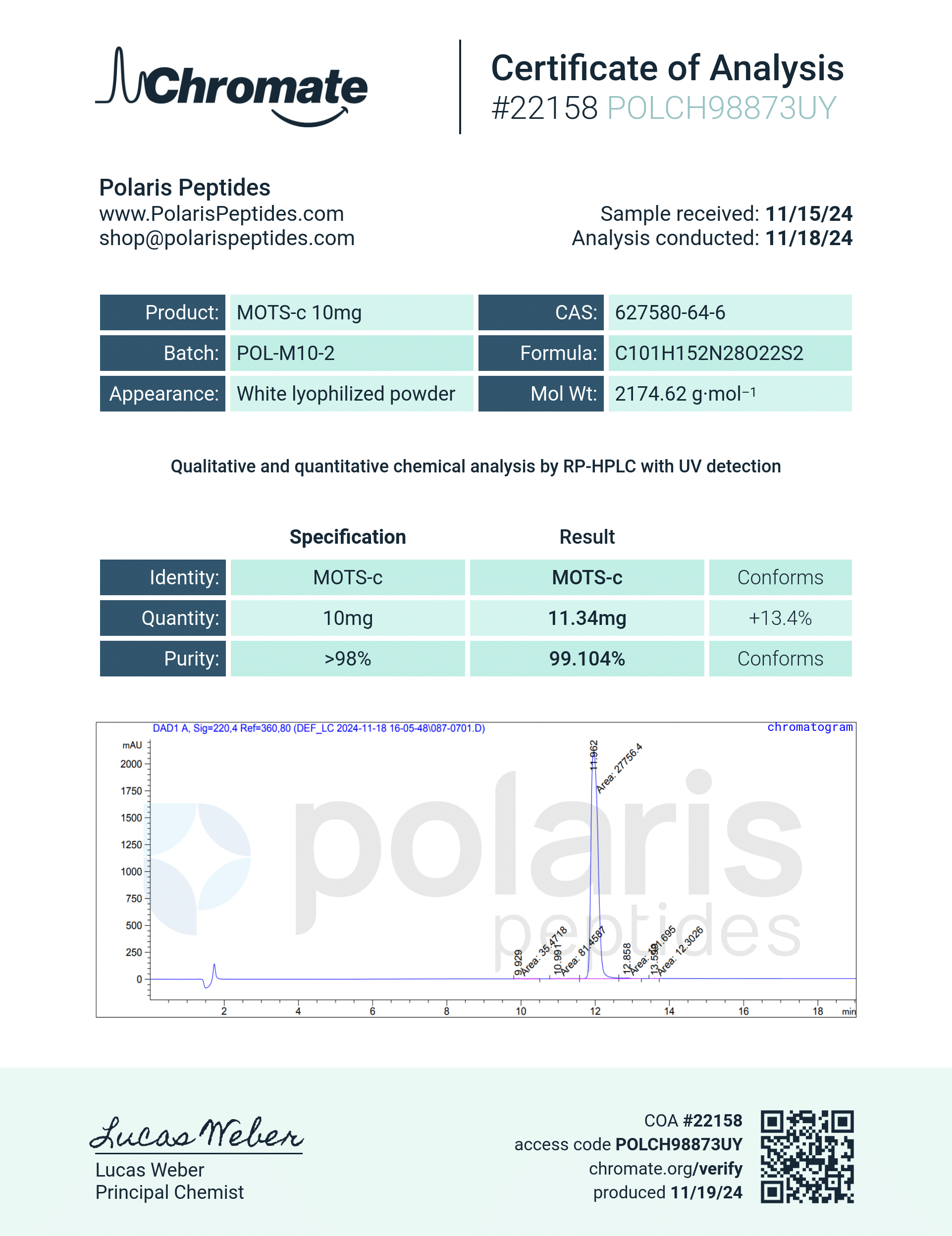 Certificate of Analysis for MOTS-C 10mg from Polaris Peptides