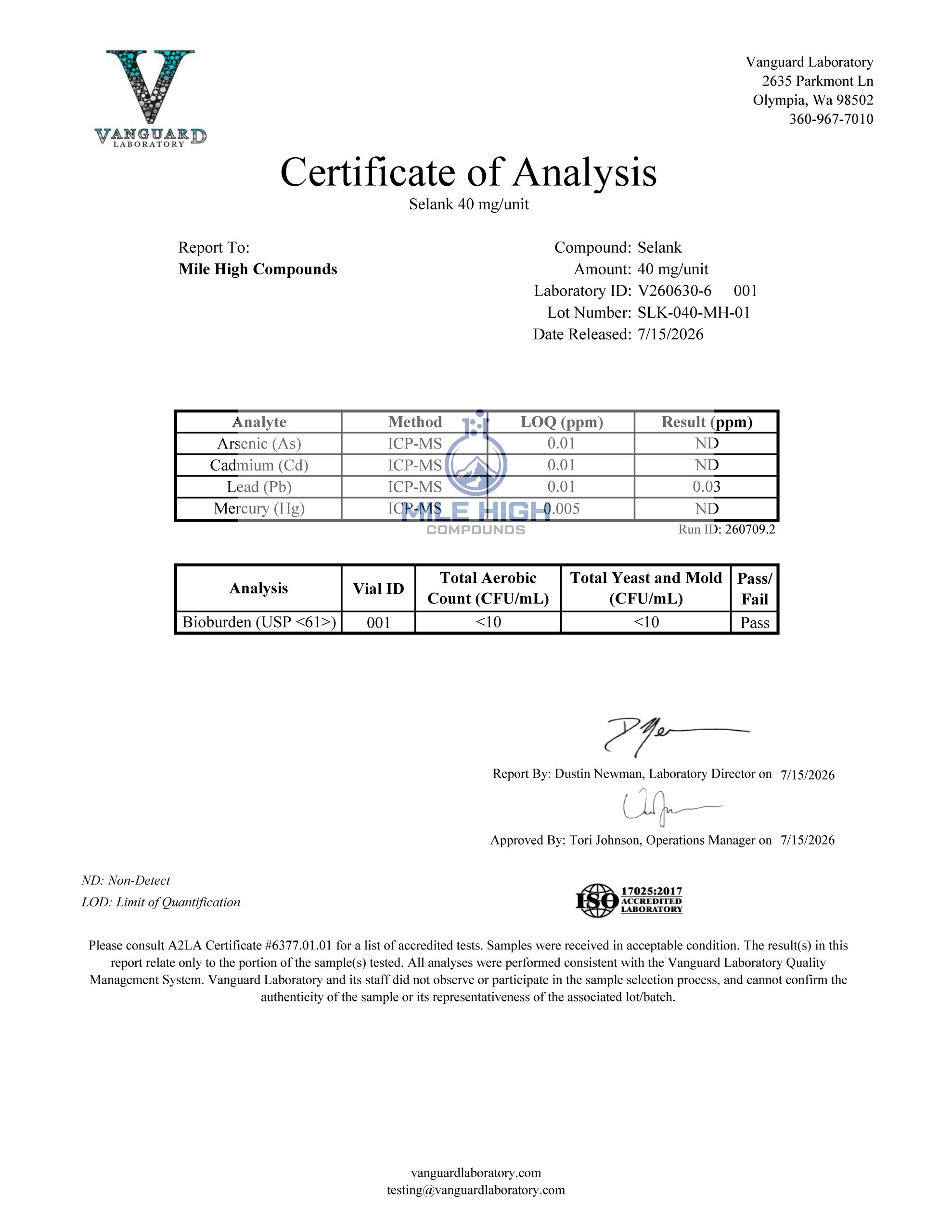 Certificate of Analysis for Selank Spray from Mile High Compounds